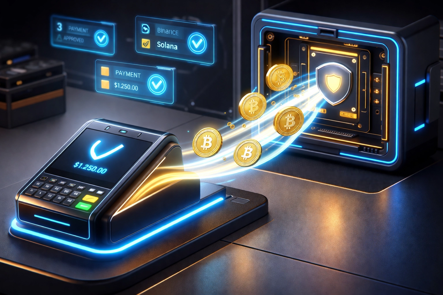Futuristic payment terminal showing instant crypto transfer to merchant wallet, highlighting self-custody advantages for Larecoin merchants.