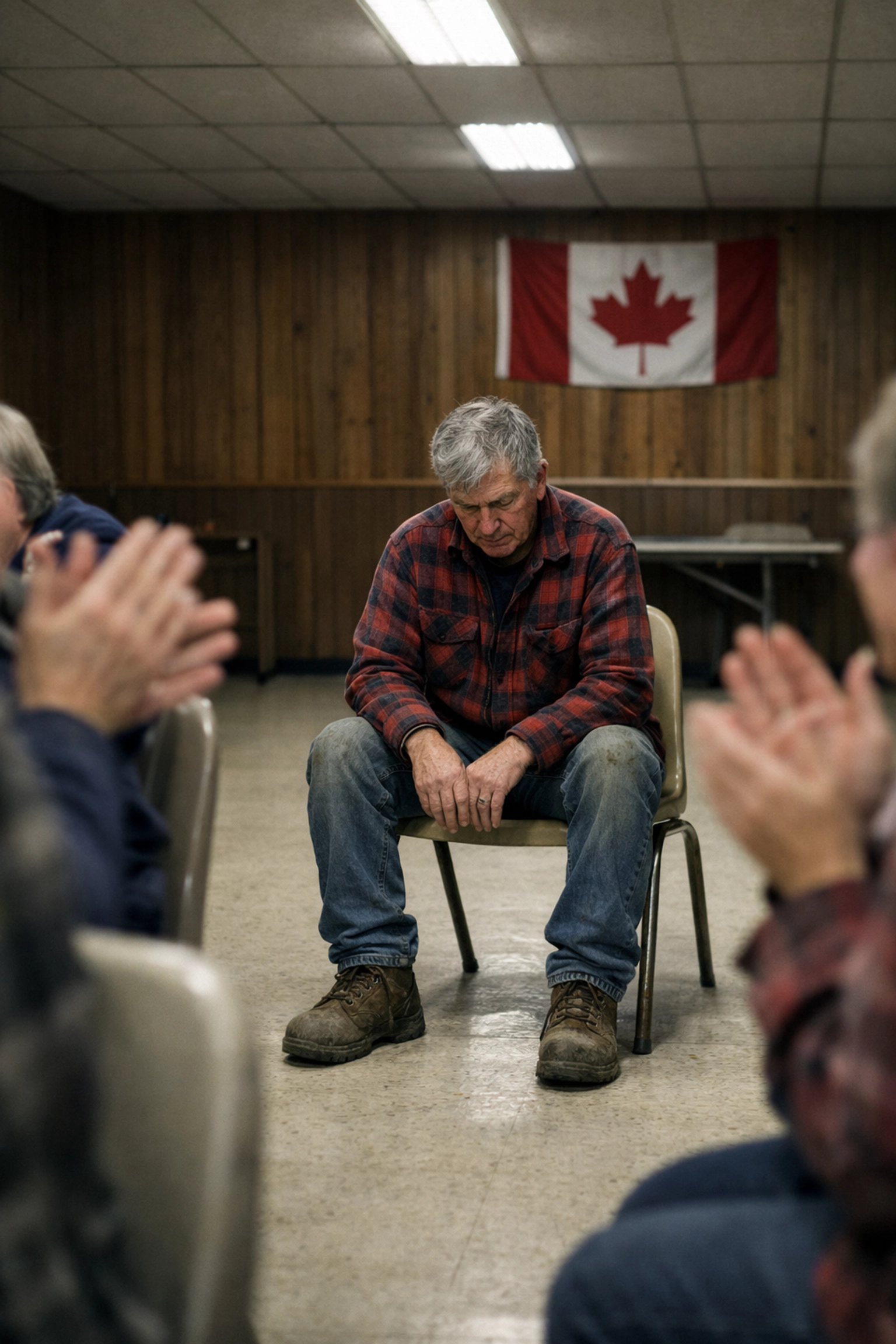 A fair volunteer sits alone in a community hall, illustrating the lack of support for other departments.