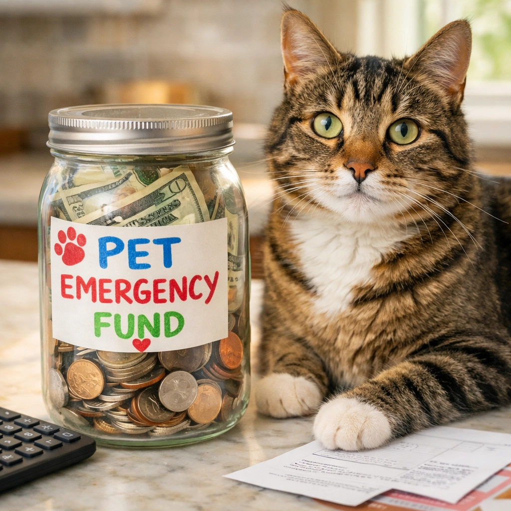 Tabby cat sits beside a pet emergency fund jar on a family kitchen counter, showing pet financial planning.