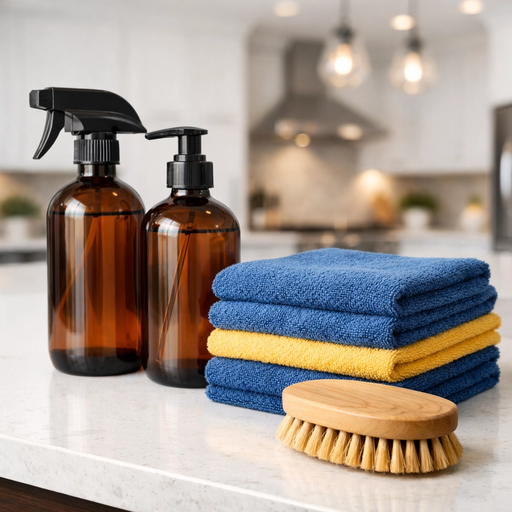 Eco-friendly cleaning supplies and microfiber cloths for a professional Deep Cleaning Boston project.