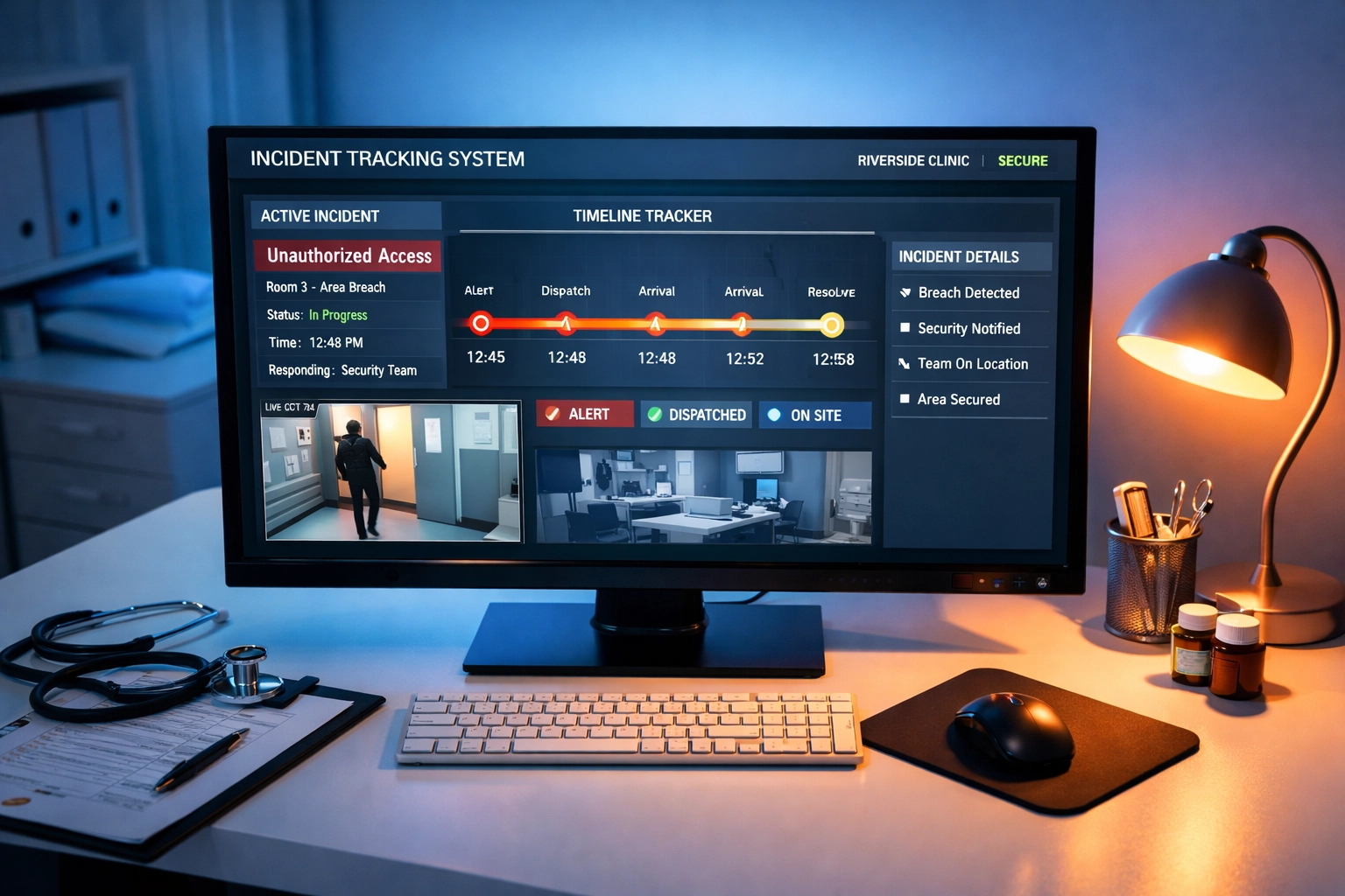 Medical monitor showing a real-time security tracking interface for automated incident reporting.