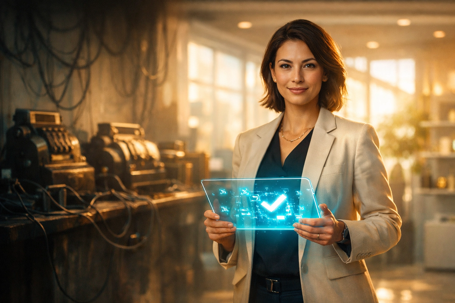 Merchant using a digital tablet for blockchain payments to slash traditional interchange fees and grow business.