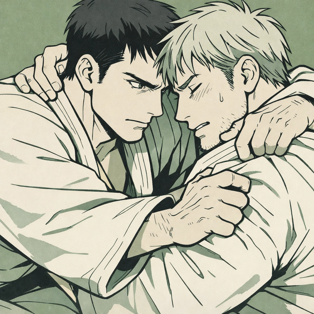 MM sports romance illustration of two male judo competitors in an intense Gay Games grapple.