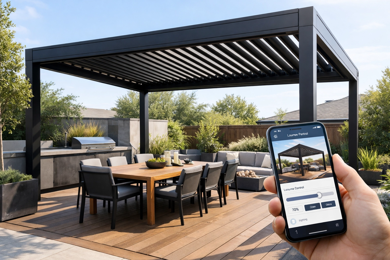 Matte black motorised louvre system over a contemporary outdoor dining area with a smartphone app visible for remote access in a minimalist modern backyard.