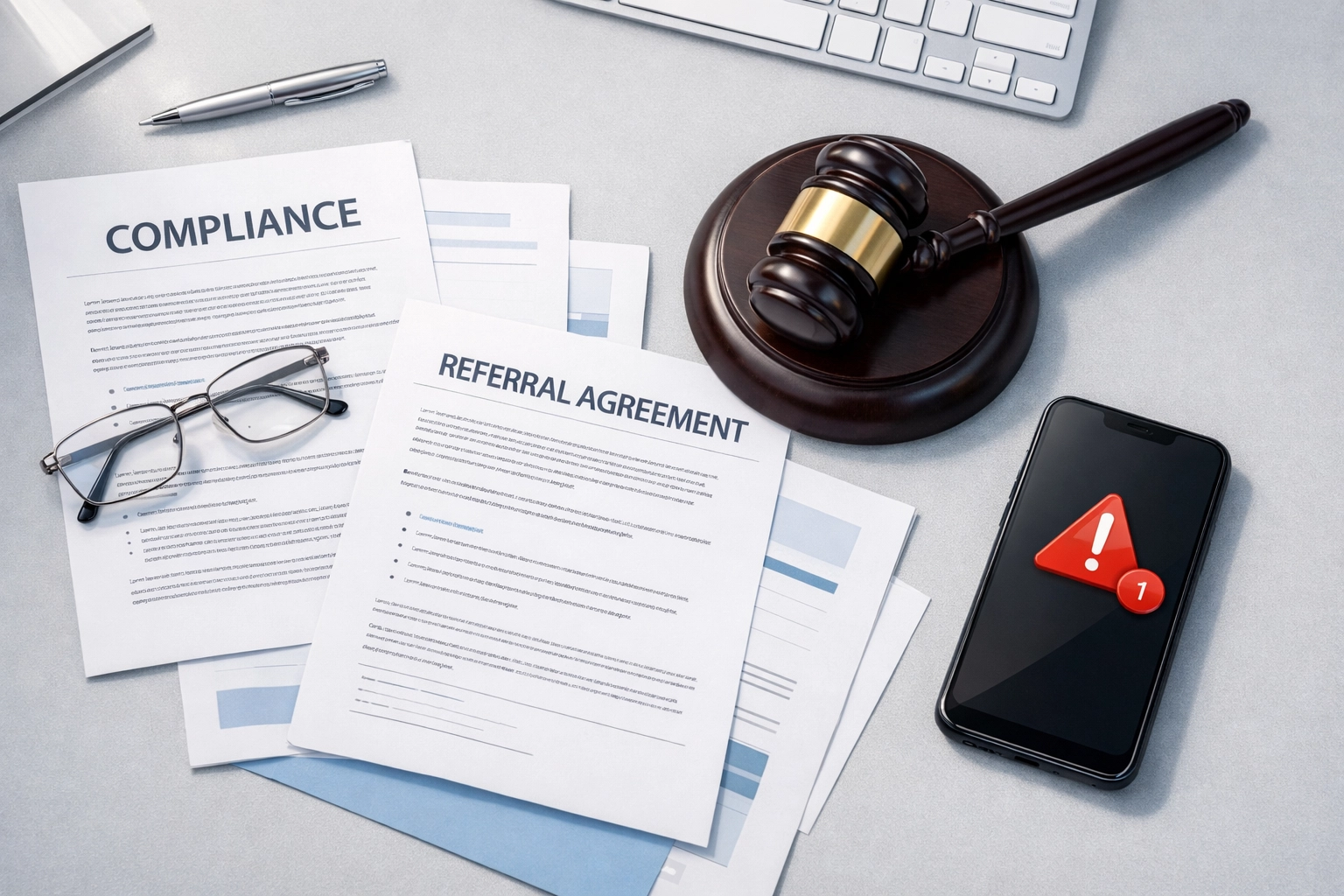 Legal compliance documents and gavel representing referral network regulations for treatment facilities