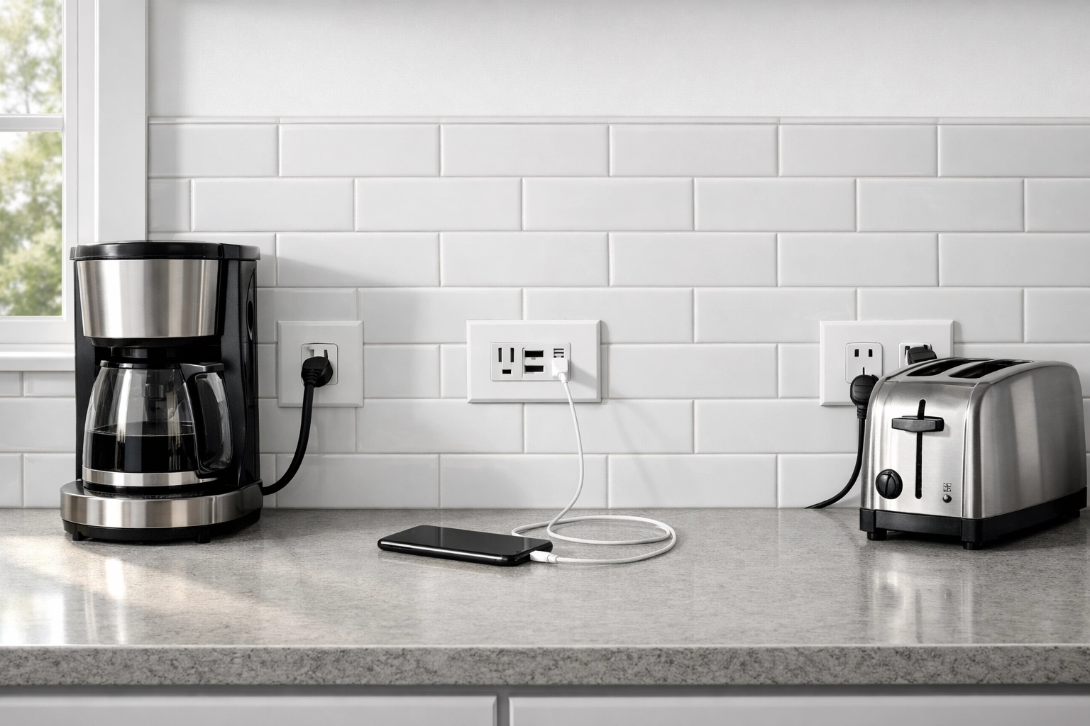 Modern kitchen countertop with multiple electrical outlets and appliances demonstrating proper spacing