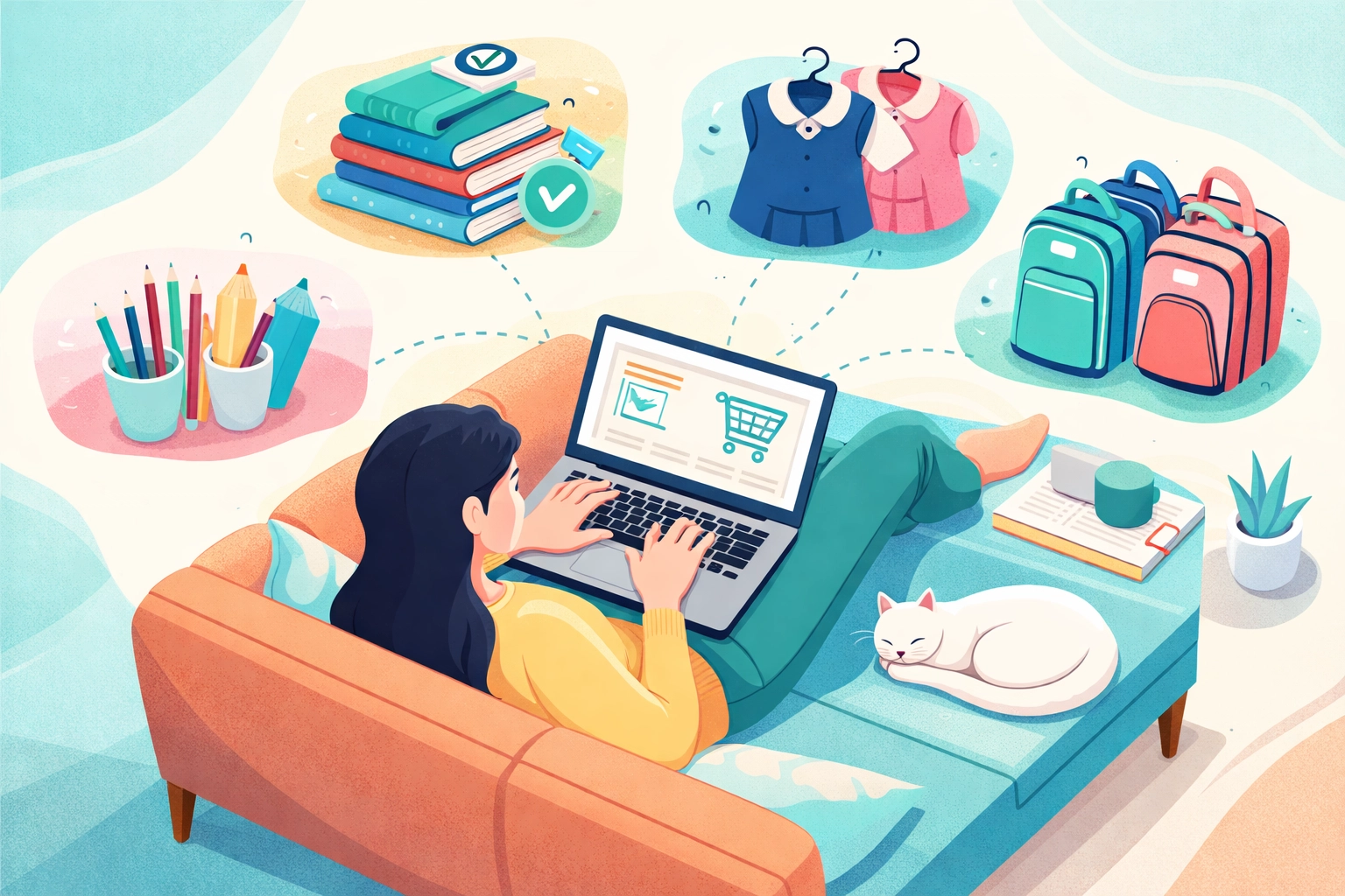 Parent shopping online for school supplies, with books and uniforms, showcasing easy e-commerce for school websites