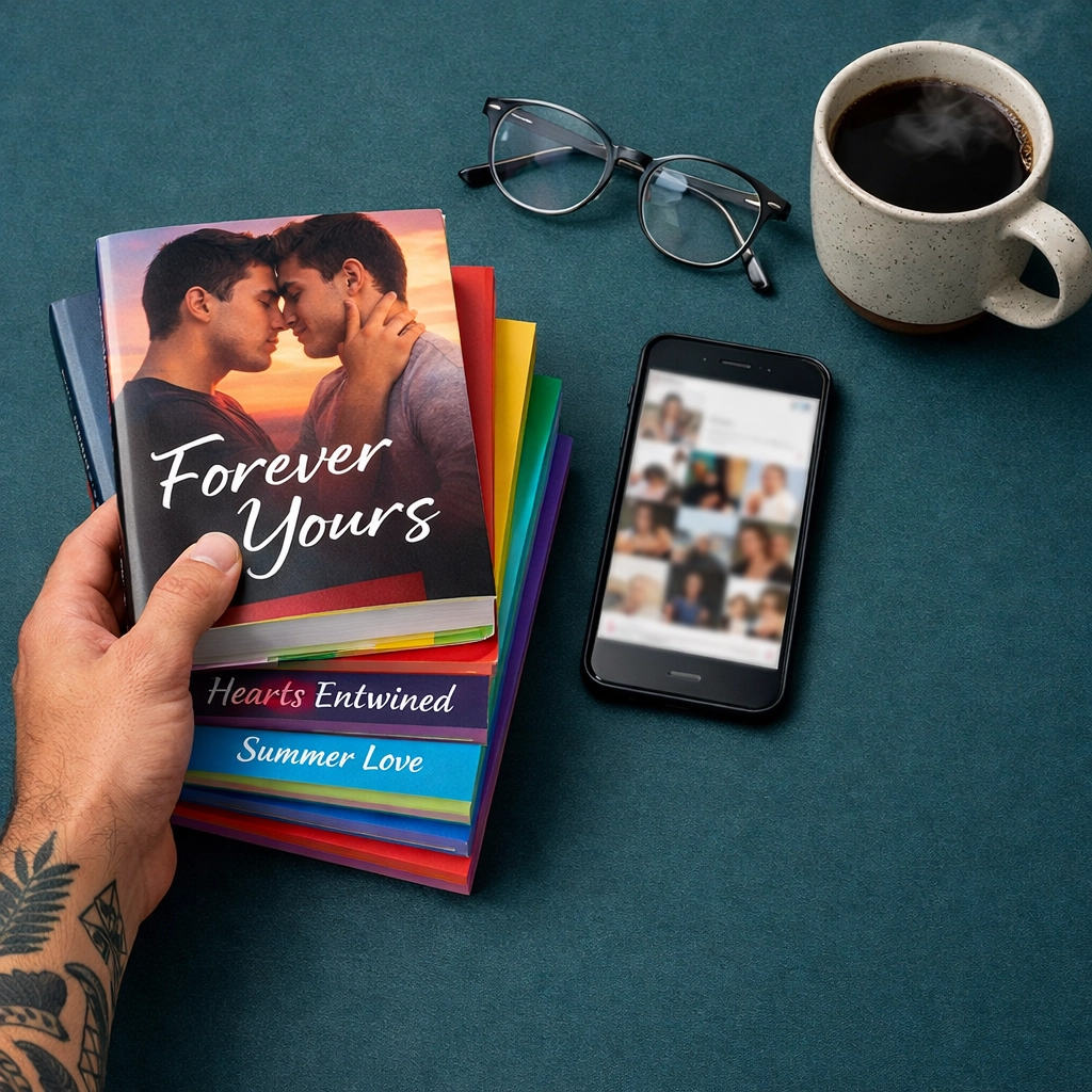 A desk with mm romance books and a smartphone, highlighting Bookstagram marketing for new gay releases.