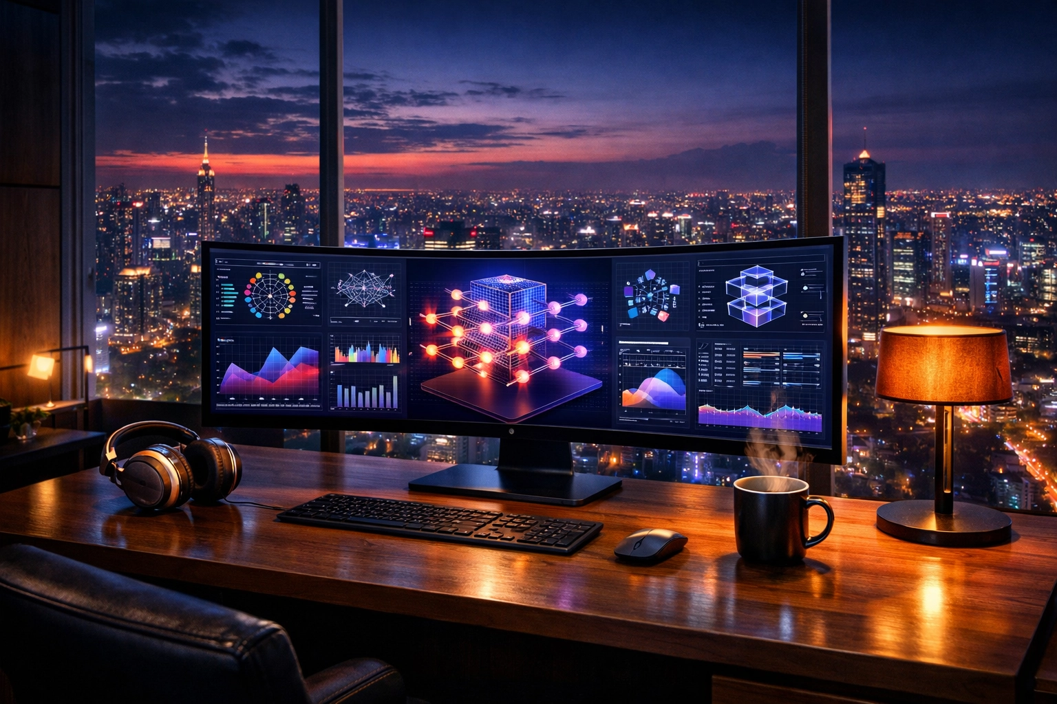A high-end workspace showing AI data models, illustrating the lucrative salary potential for AI Product Managers.