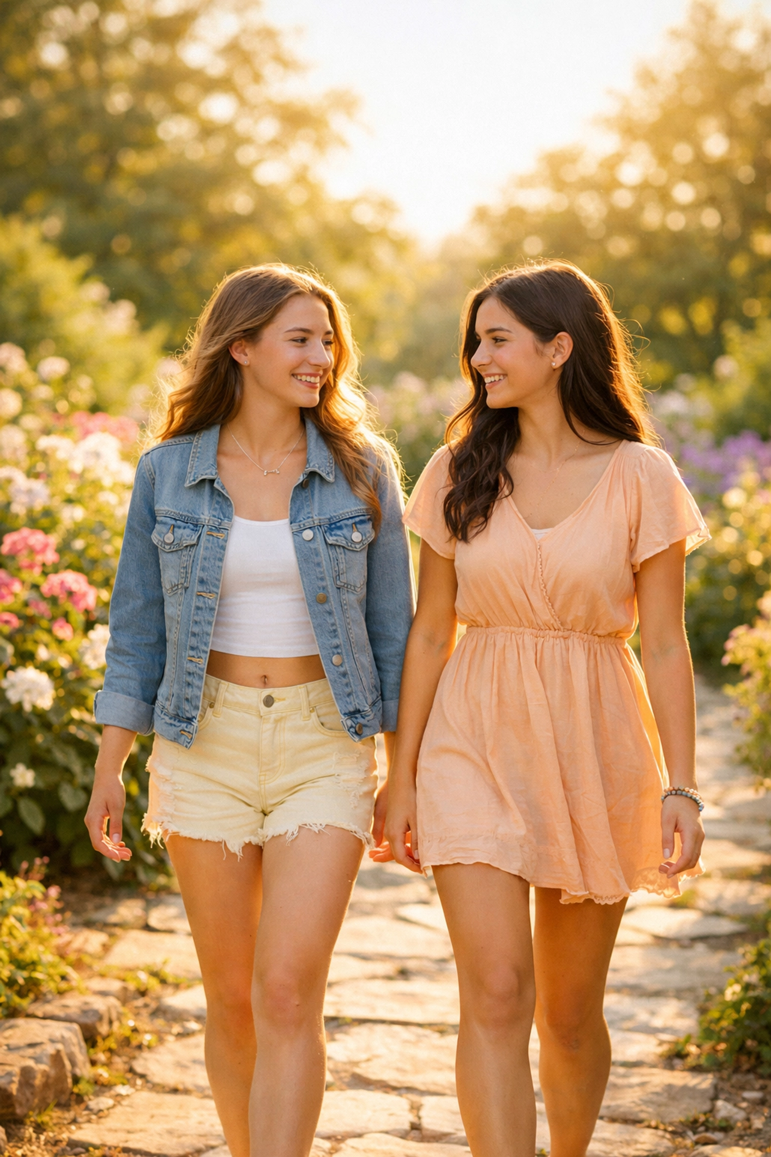 Two girls walking through a therapeutic garden at a youth residential treatment center for teen support.