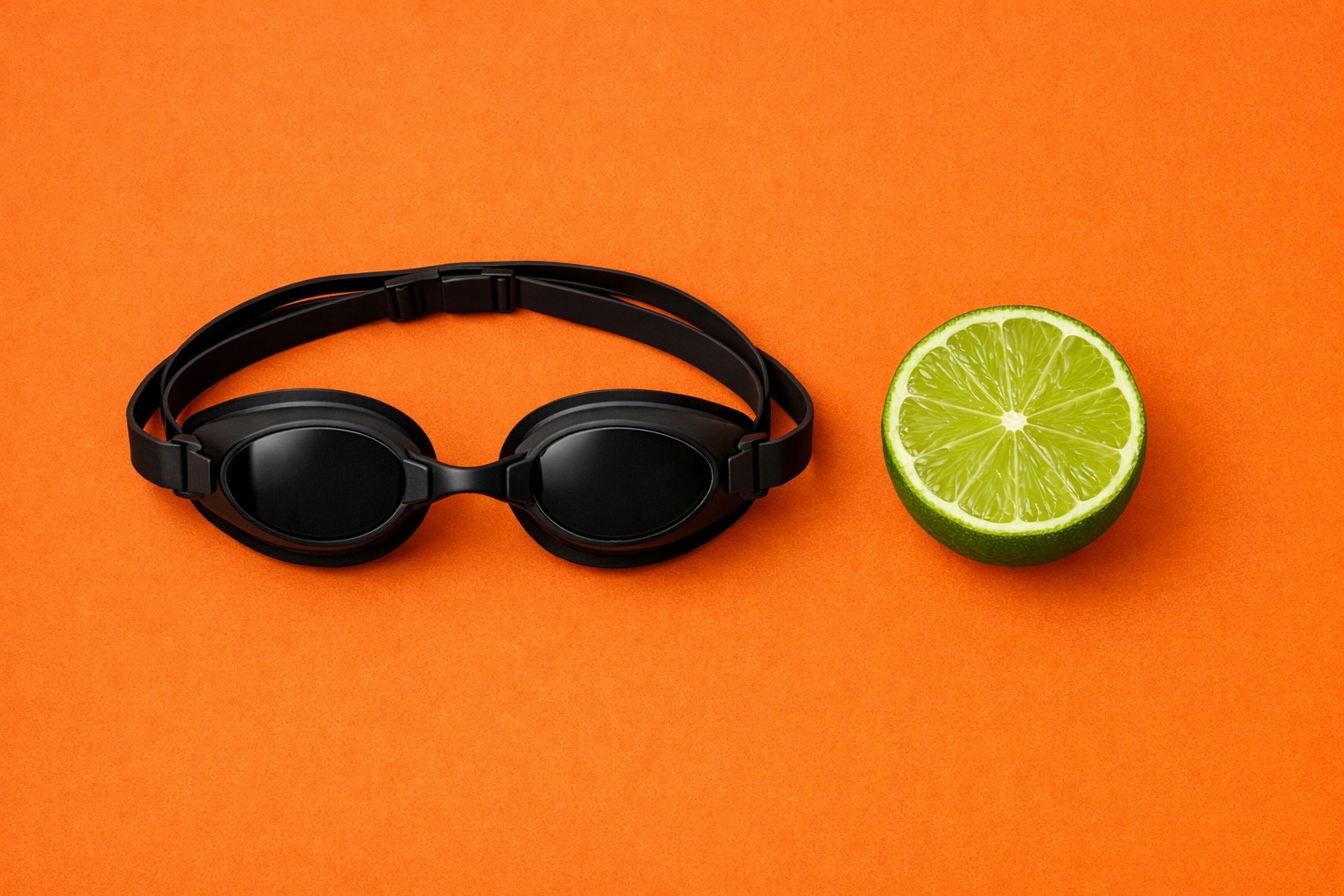 Swimming goggles next to a fresh lime, symbolizing the balance of gear and nutrition for peak pool performance.