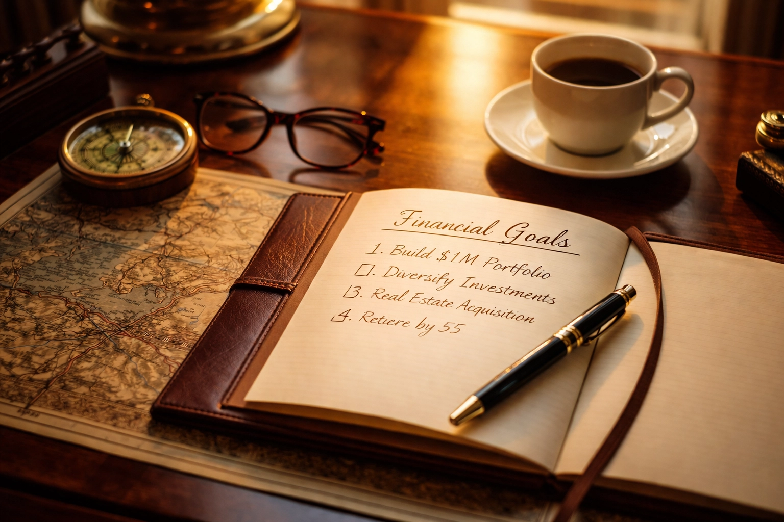 Investor's desk with journal, compass, and roadmap for setting clear investment goals