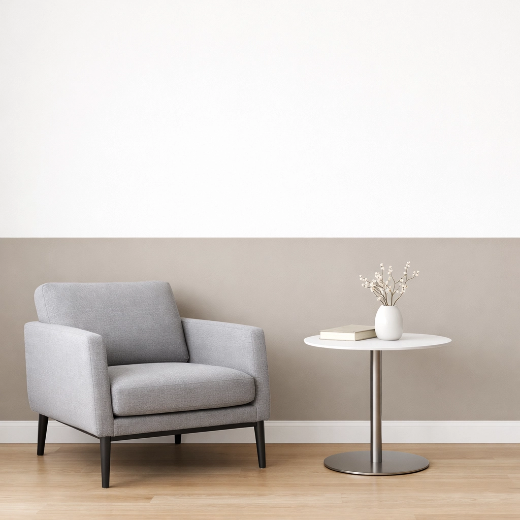 Modern living room with a mushroom neutral and off-white two-tone wall split horizontally.