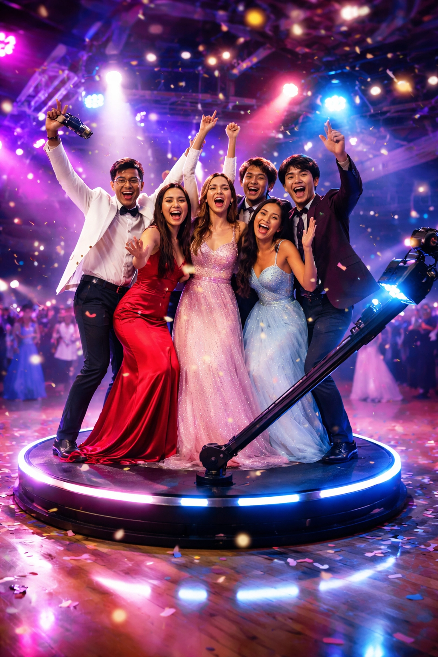 High school students using a 360 video booth at prom, celebrating with vibrant lighting and fun poses.