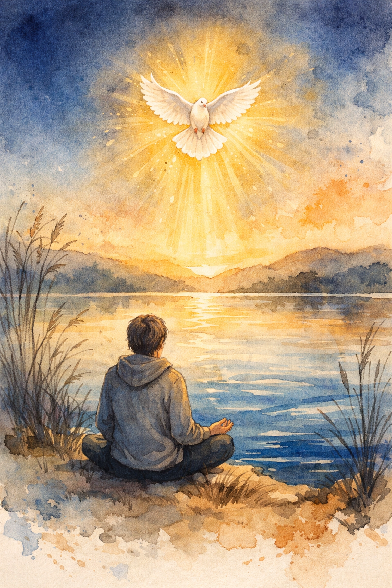 Person sitting in peaceful prayer by a lake at dawn, practicing spiritual tools for anxiety relief