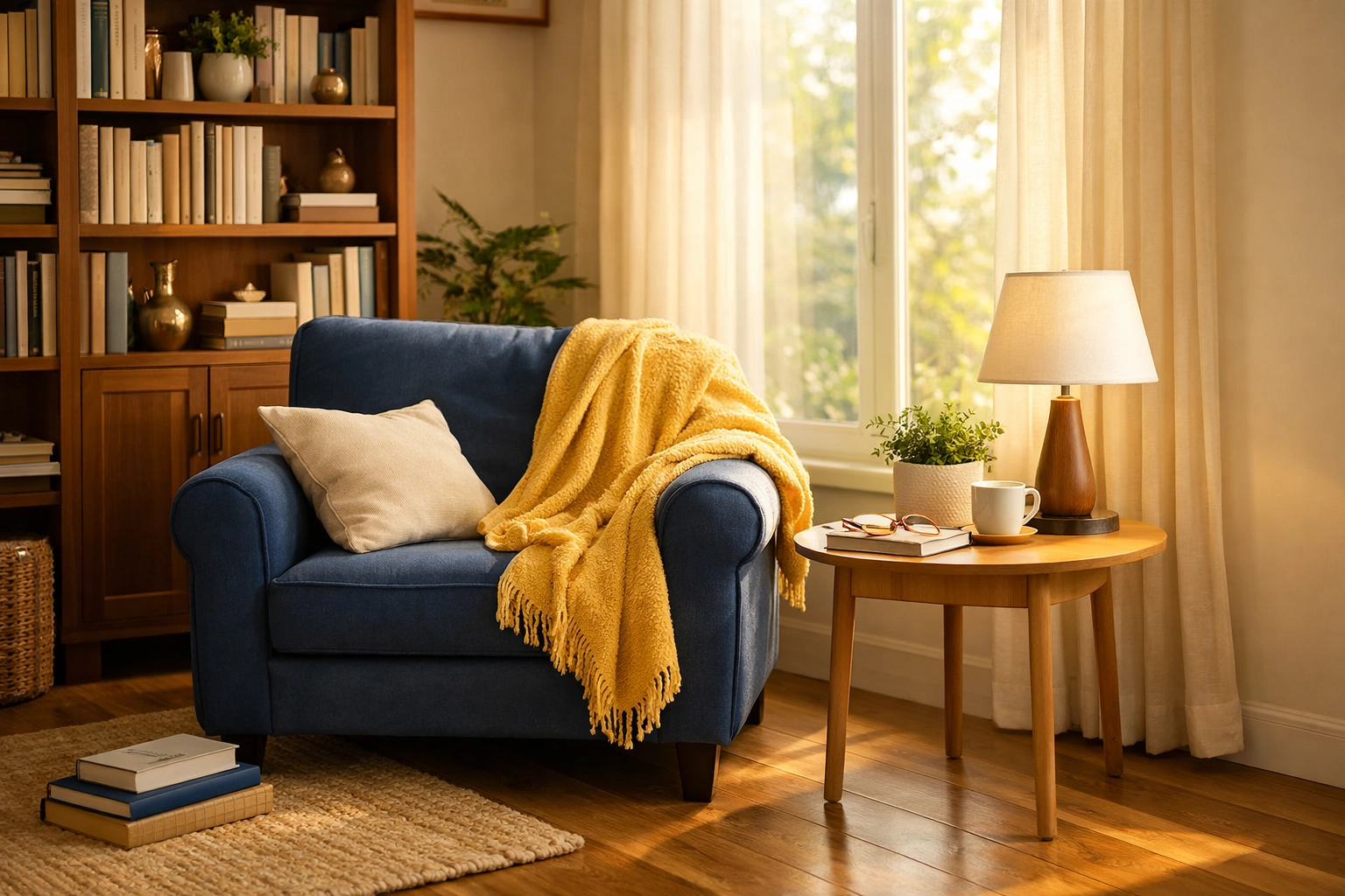 A dust-free reading nook in Townsend, illustrating the relaxing benefits of weekly house cleaning services.