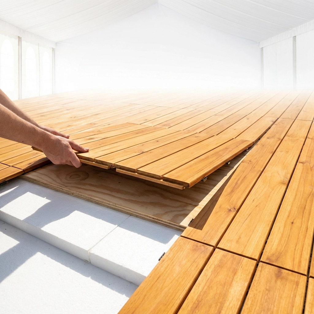 Insulated wooden flooring installation inside a white tent, ensuring warm and comfortable winter event spaces