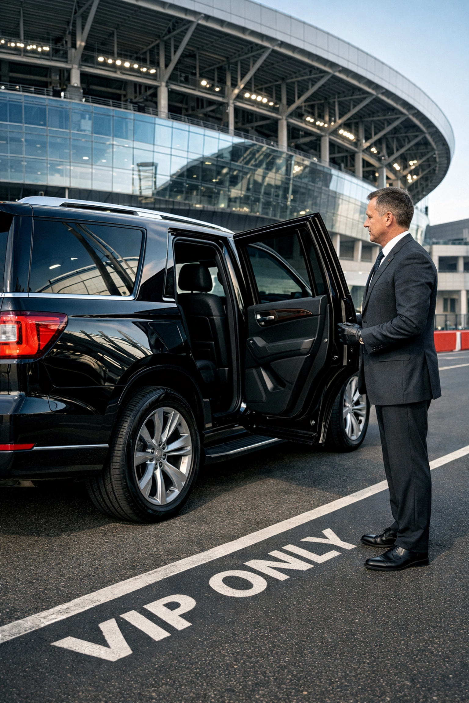 Professional chauffeur with luxury SUV for Super Bowl executive ground transportation logistics.
