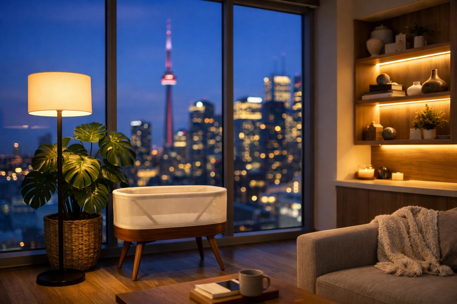 A modern Toronto home with a baby bassinet, showing where night doula Toronto services provide care.