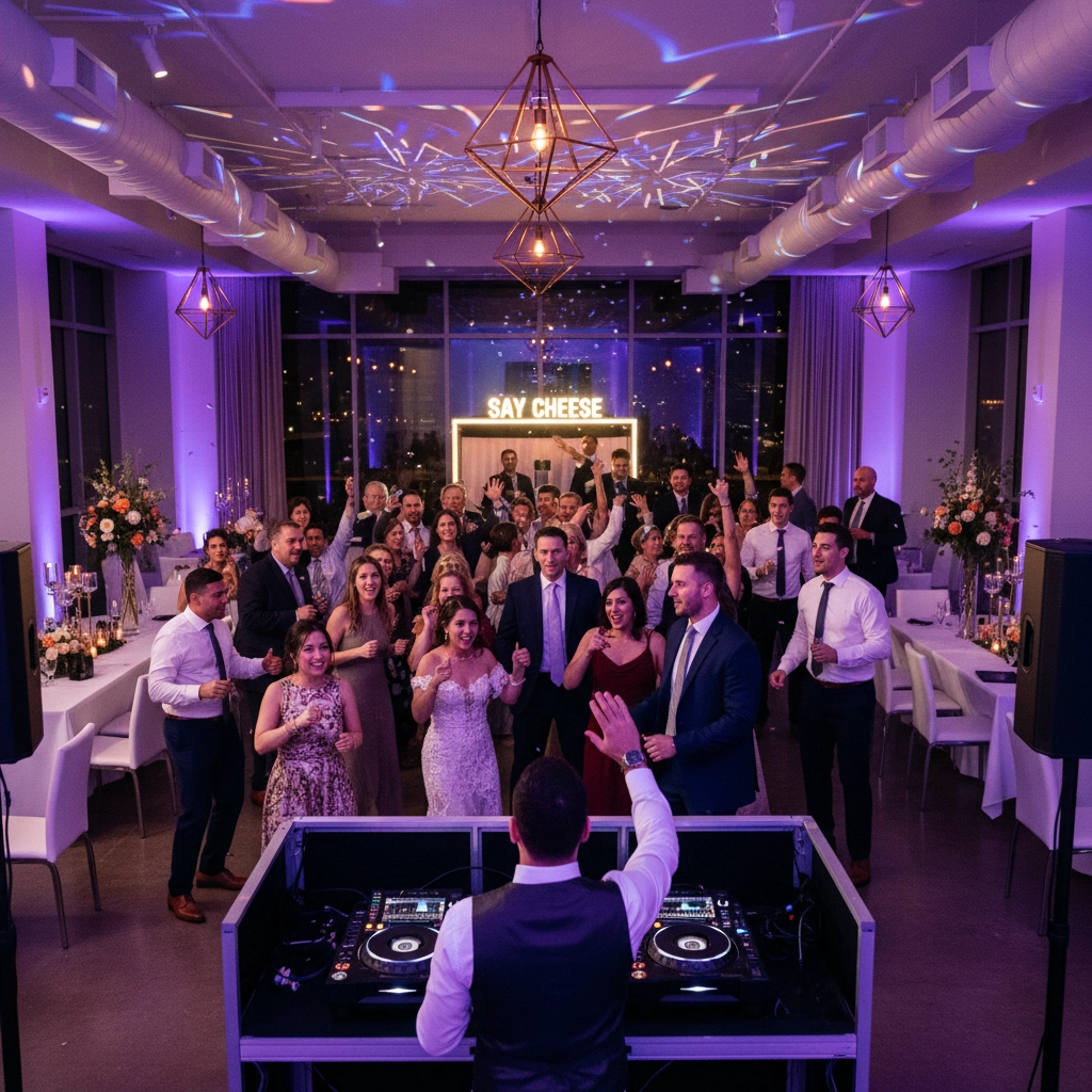 DJ playing at a wedding reception. Guests in formal attire dance under purple lighting. "Say Cheese" sign in the background. Festive mood.