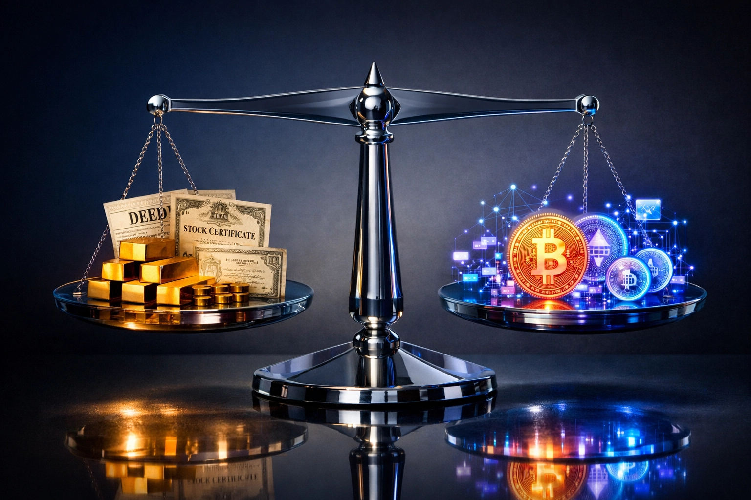 Balanced portfolio scale showing traditional assets and digital investments in equilibrium