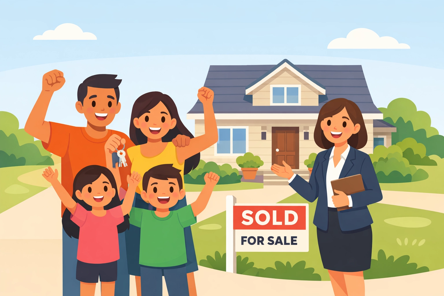 Familia latina celebrando compra de casa con realtor después de reparación de crédito rápida