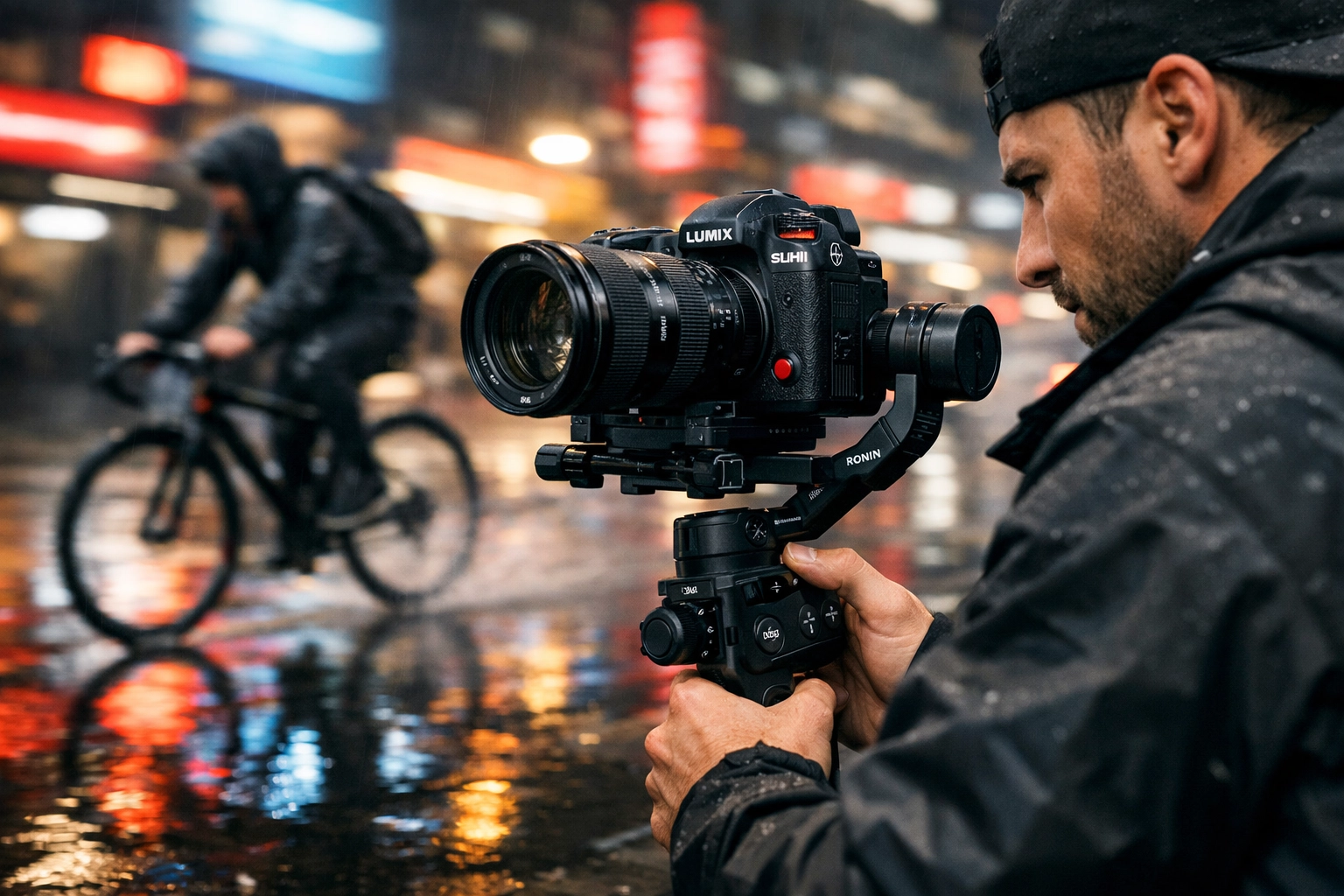 Videographer filming cinematic street footage using a Panasonic S1Hii camera on a motorized gimbal.
