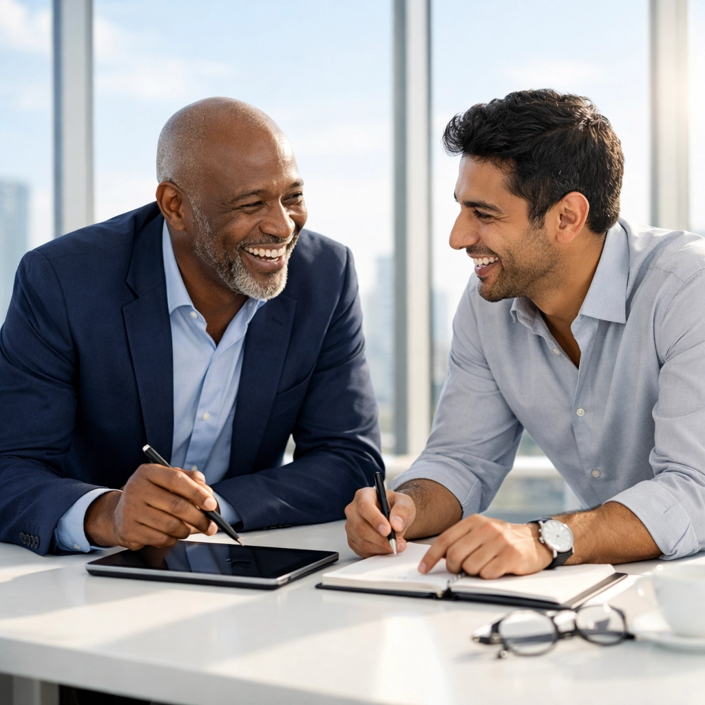 Business partners in a modern office using automated systems to focus on human connection and sales funnel strategy.