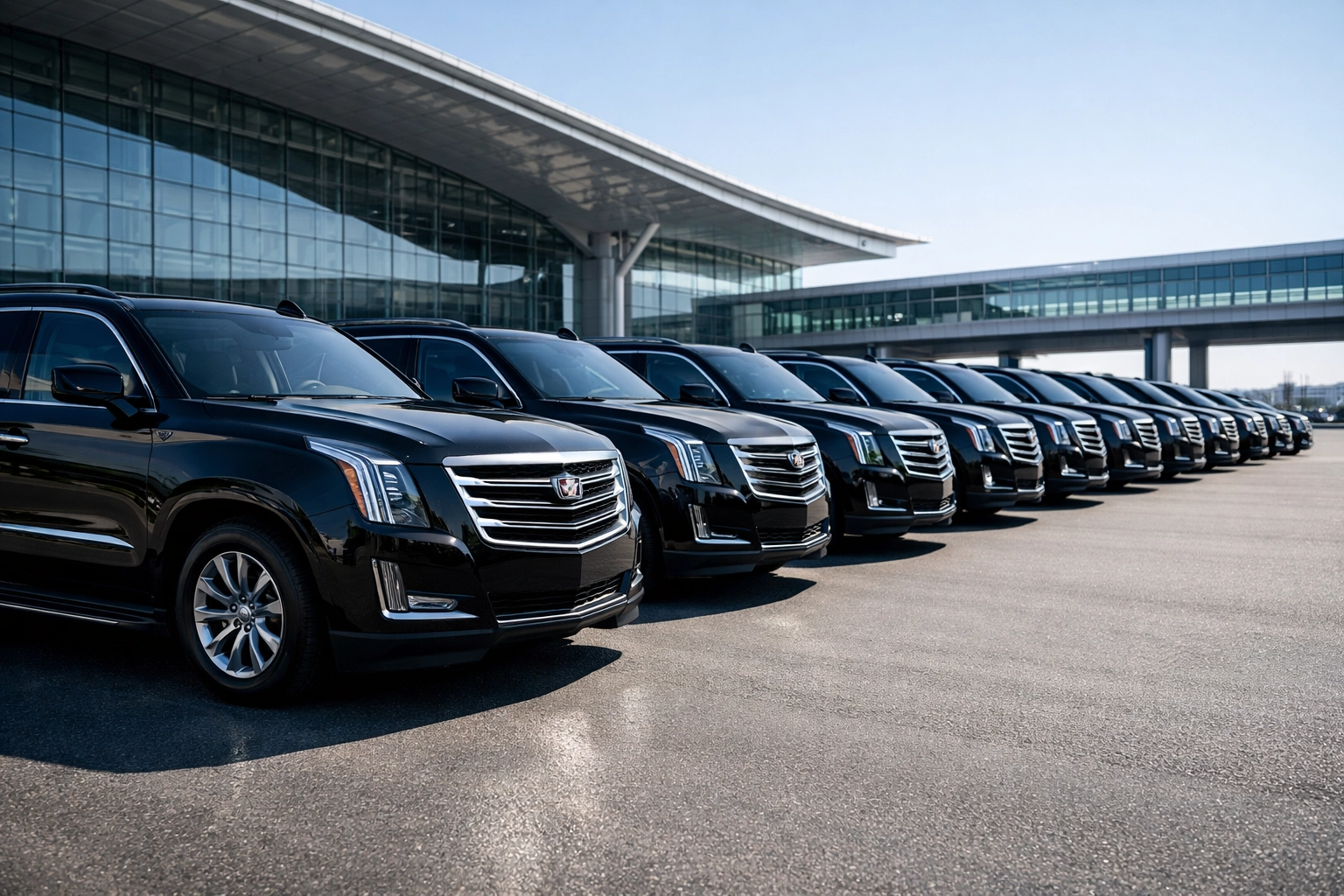 Fleet of black executive SUVs prepared for Super Bowl corporate transportation and luxury guest logistics.