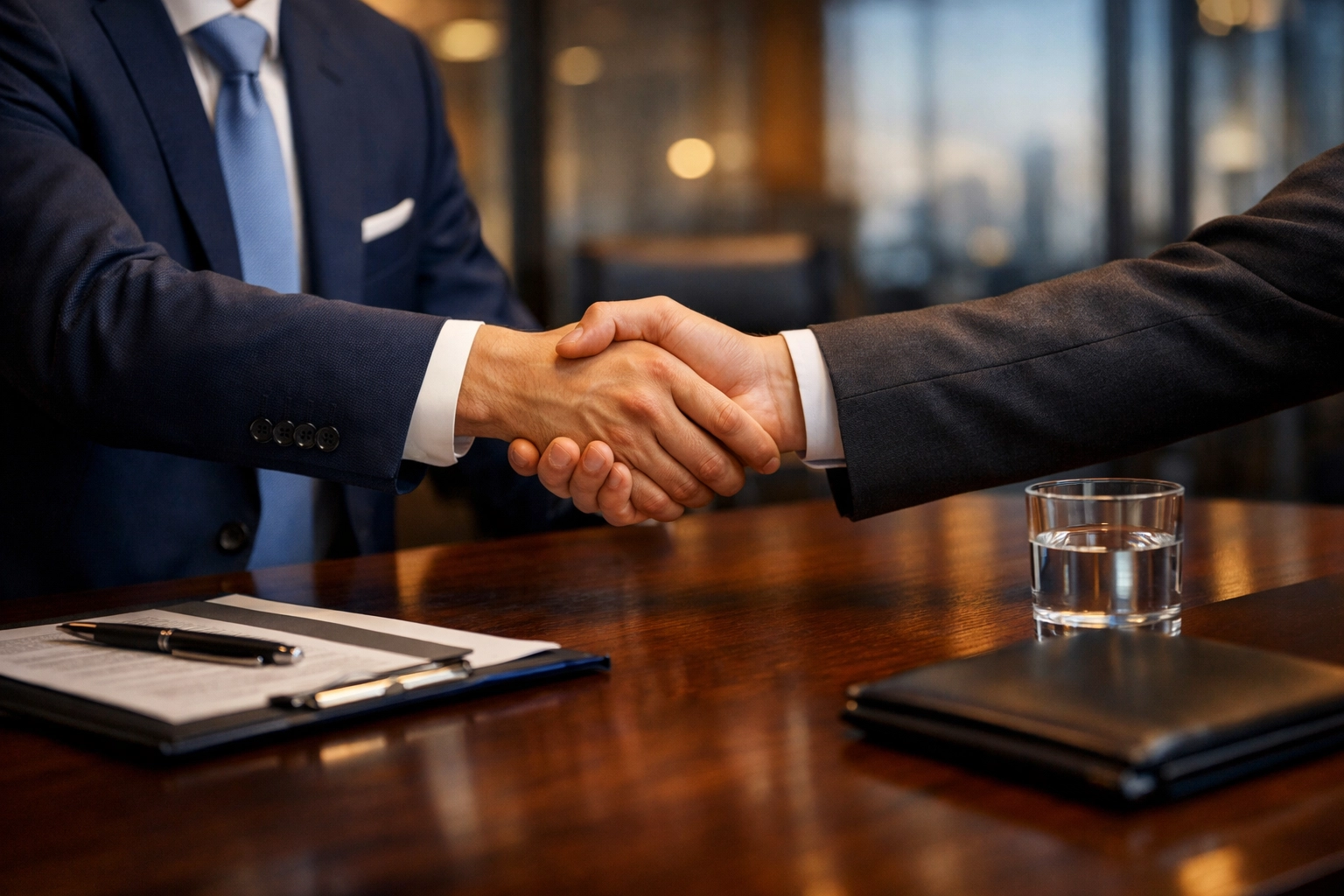 Handshake over a conference table during a Mississippi business sale negotiation.