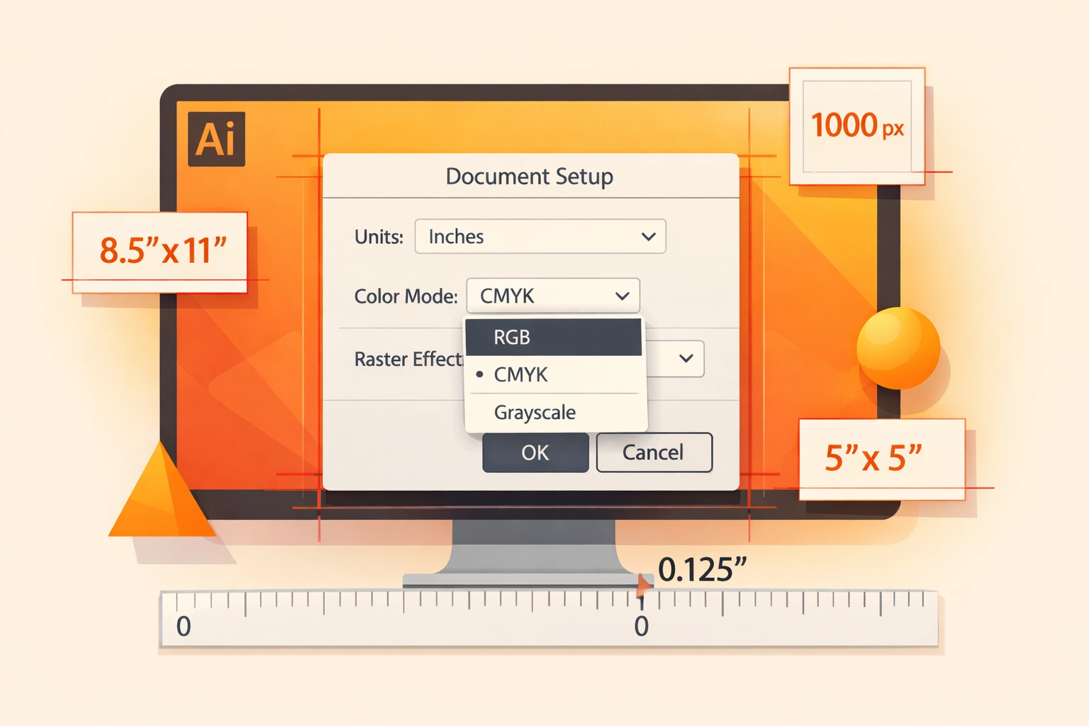 Adobe Illustrator document setup showing CMYK color mode and bleed settings for print-ready files