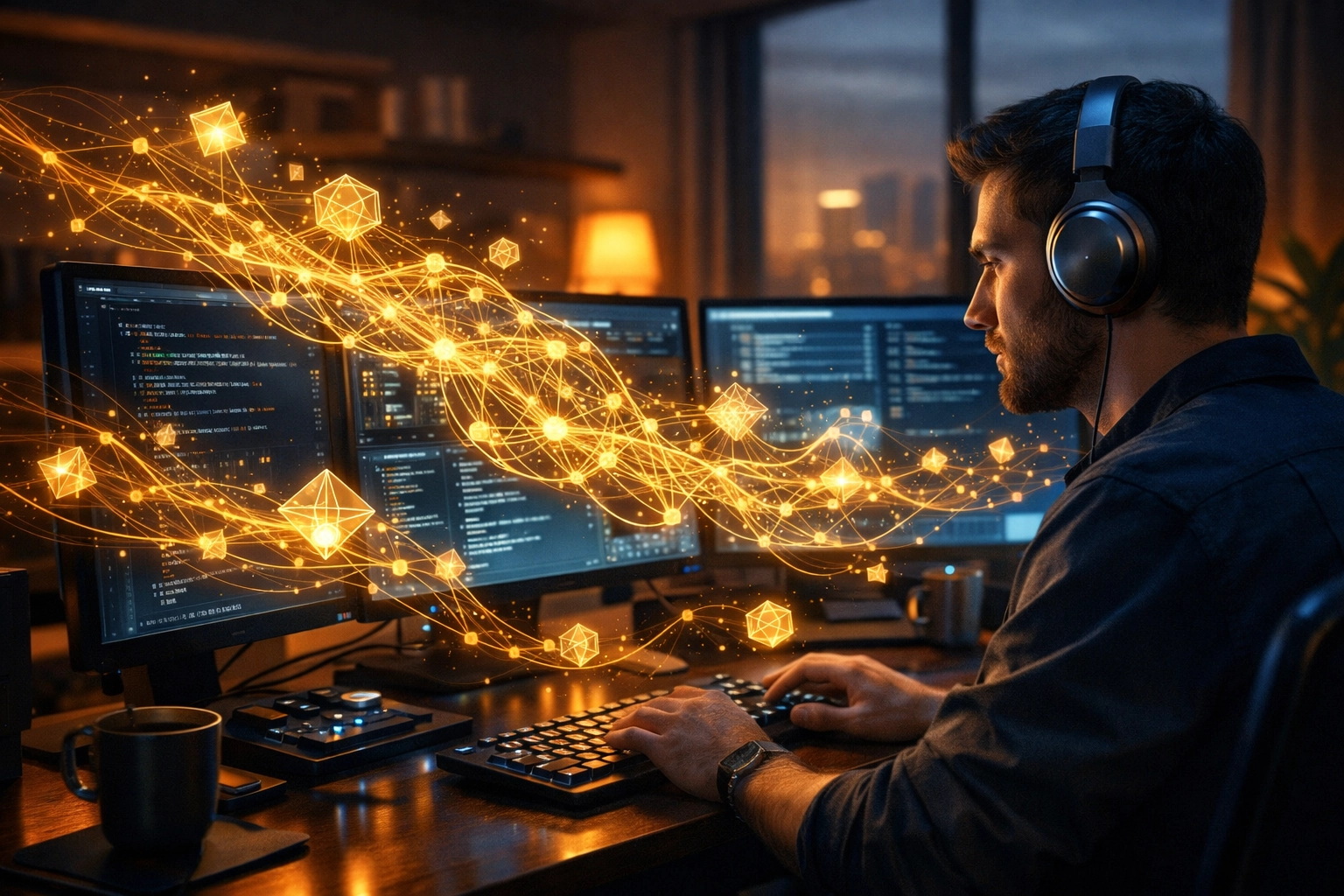 Software developer integrating AI and neural networks at a multi-monitor workstation.