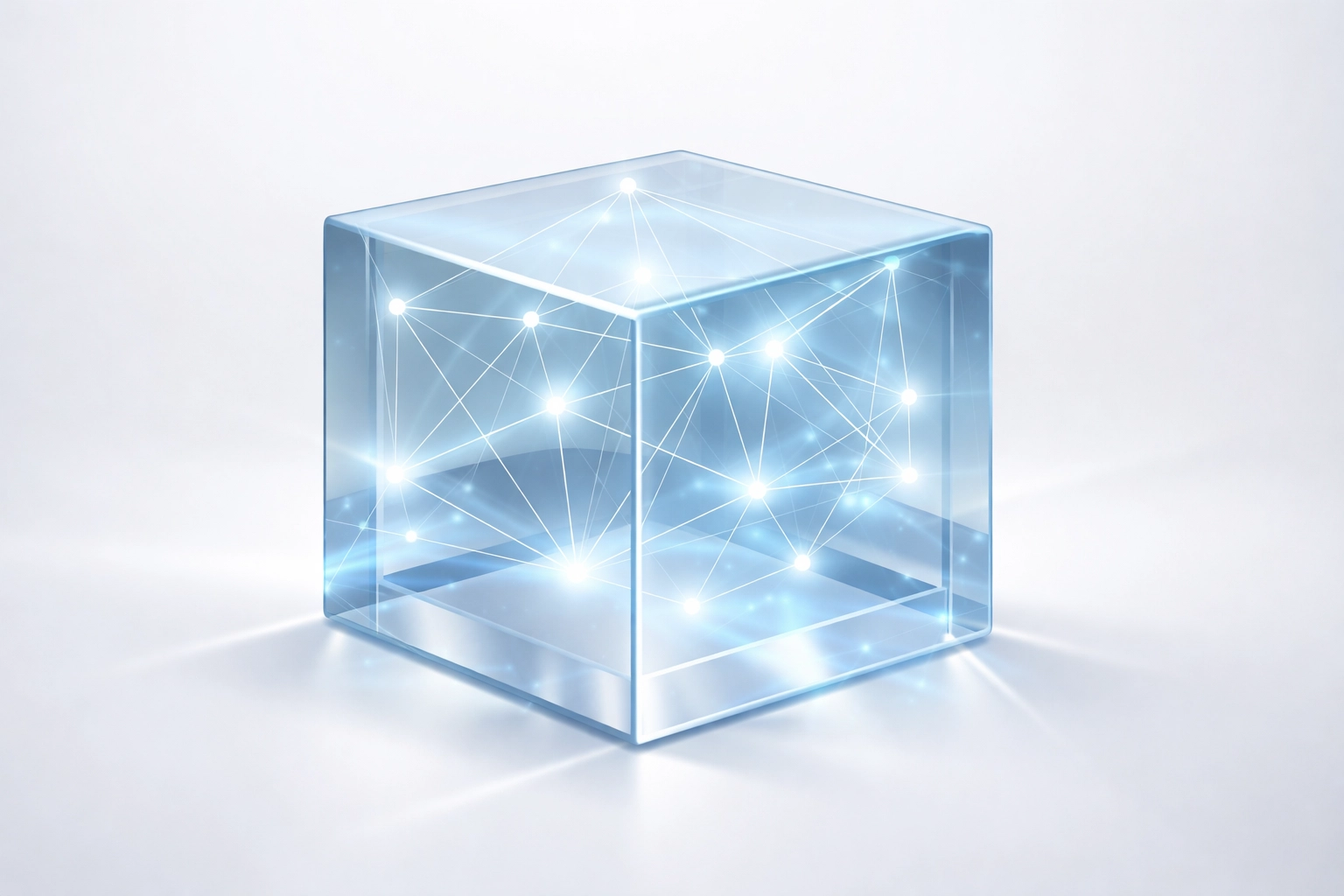 A transparent cube with neural network nodes symbolizing AI transparency and explainability in business decisions.