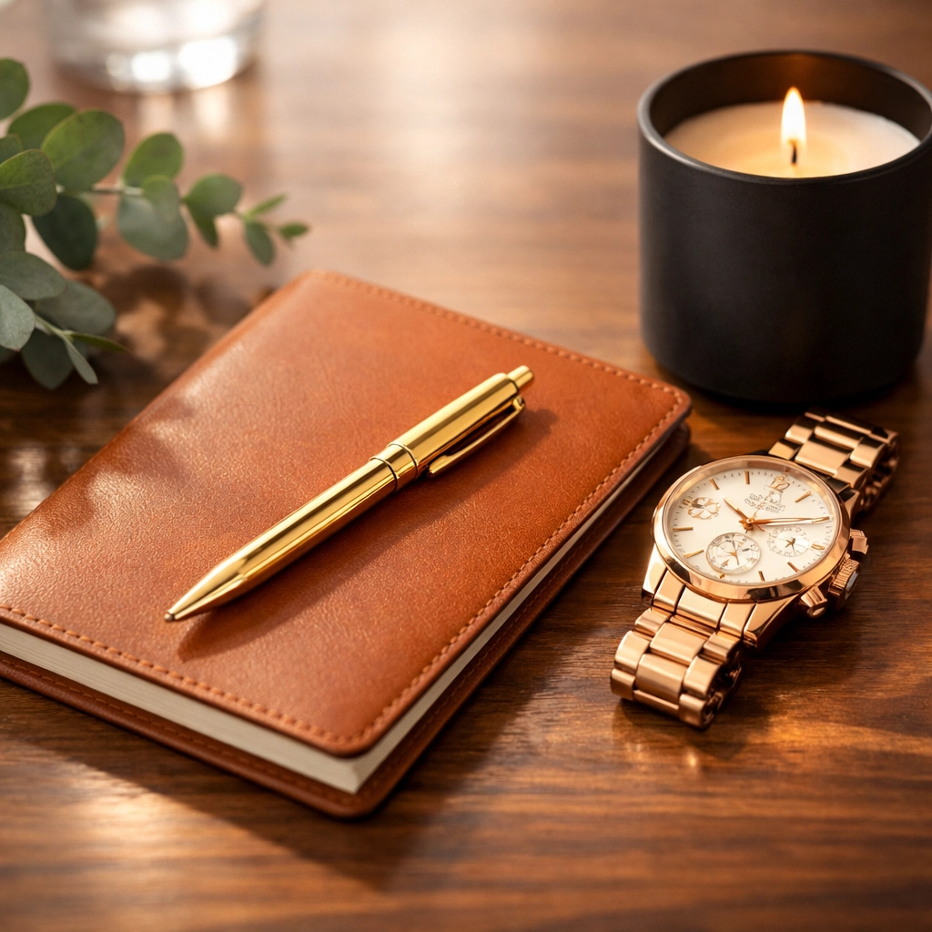 Luxury desk with gold pen and leather notebook representing premium coaching service pricing