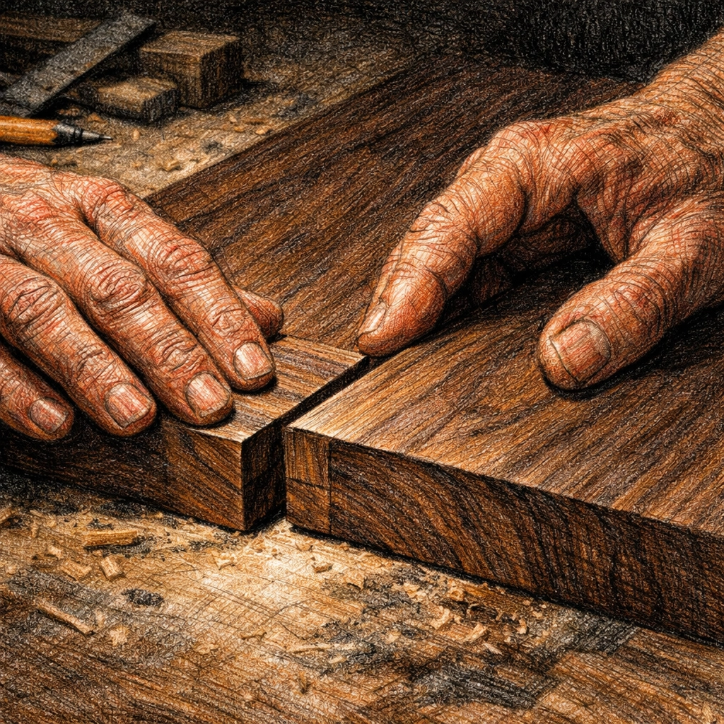 Artisan hands crafting walnut wood, representing the precision of luxury hospitality design.