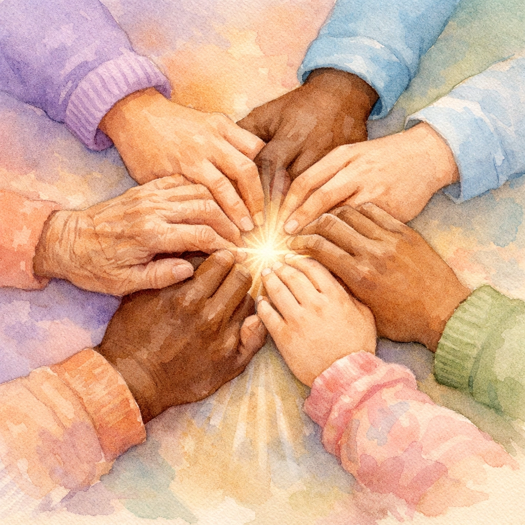 Diverse hands joined in circle representing community prayer and unity