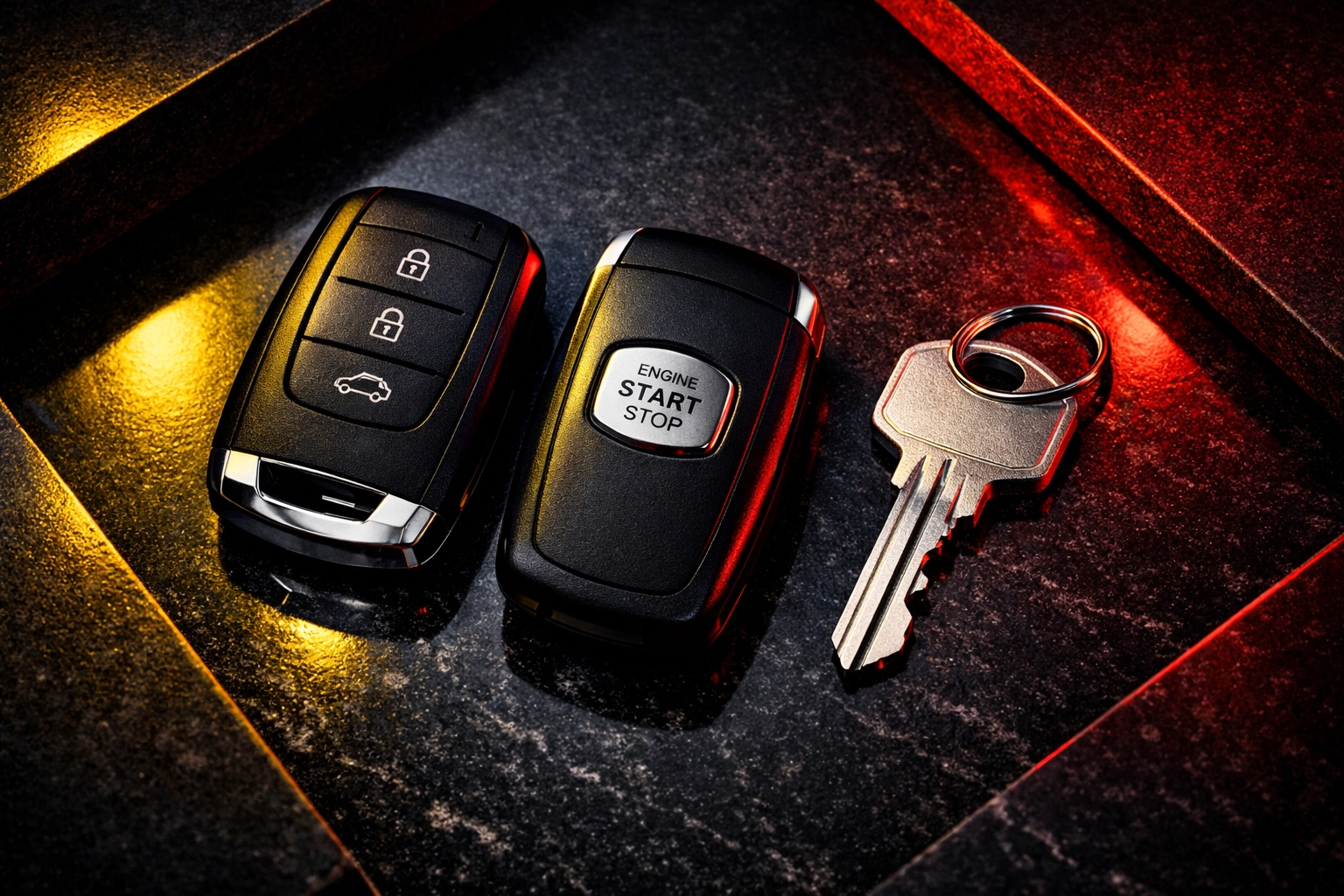 Car key replacement Indianapolis service showing modern key fobs and a spare house key on a dark background.