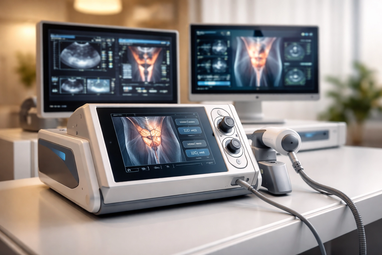 Modern medical devices for ED treatment, including shockwave therapy equipment, at a professional men's health clinic.