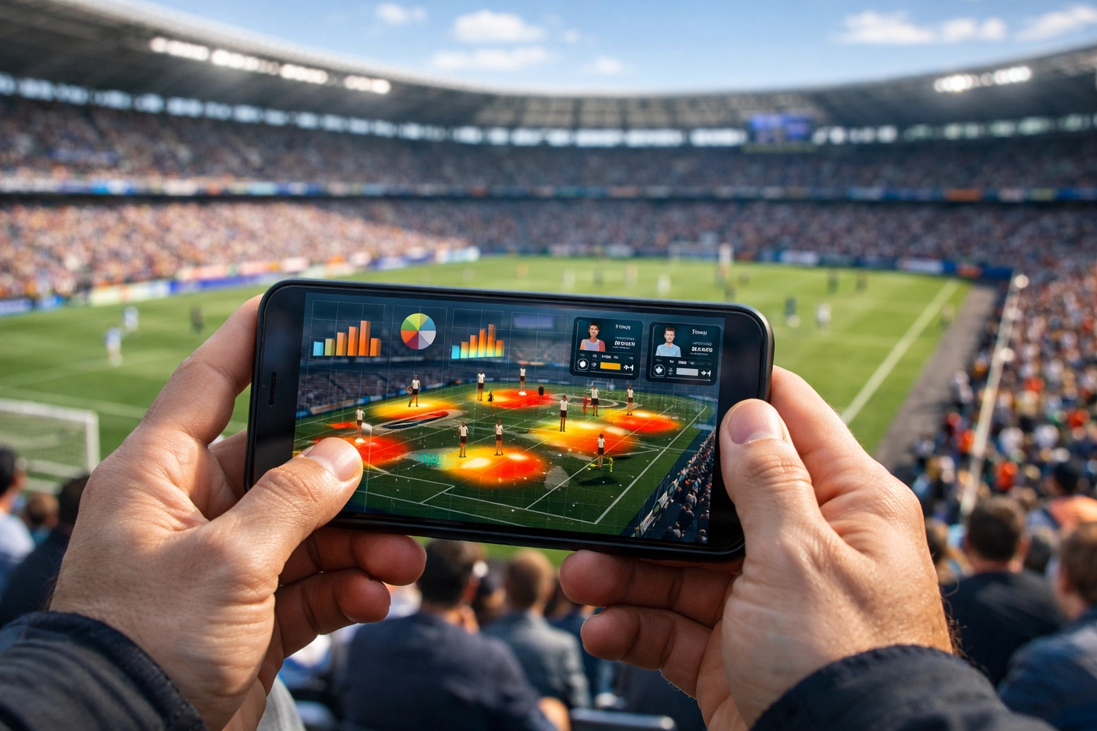 A sports fan interacting with an augmented reality sponsorship experience on their phone at a stadium event.