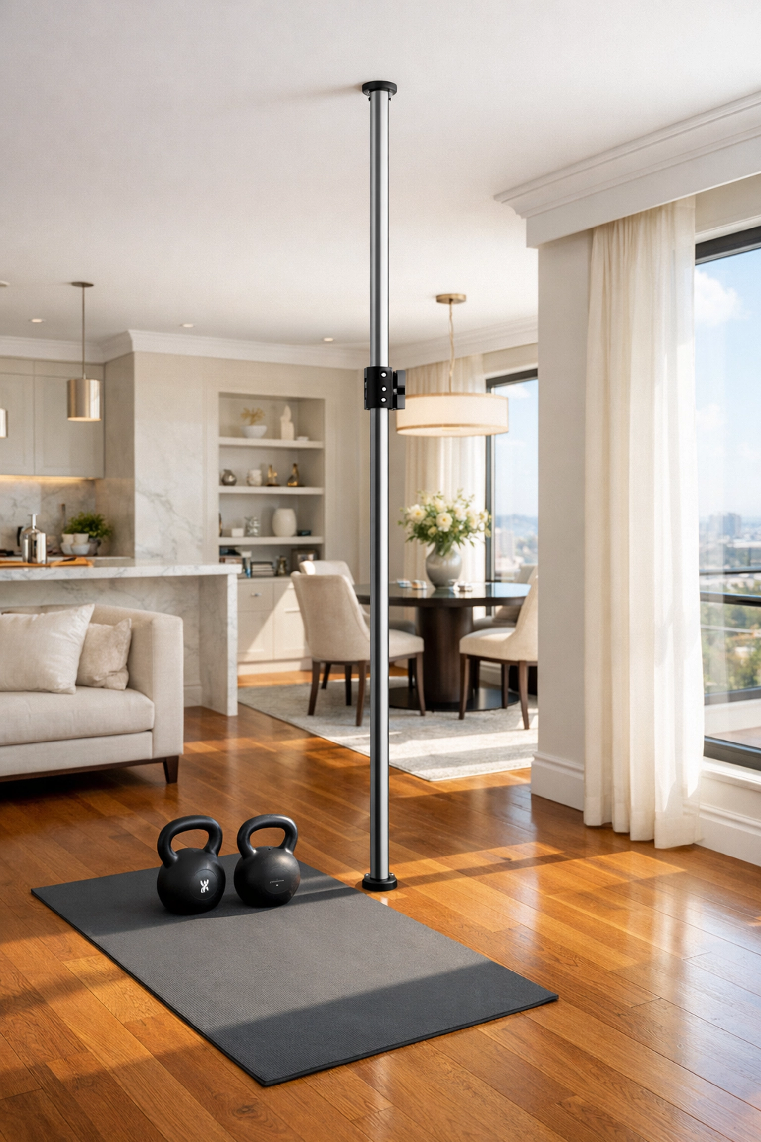 A no wall damage workout system seamlessly integrated into a bright, modern apartment for full body home workouts.