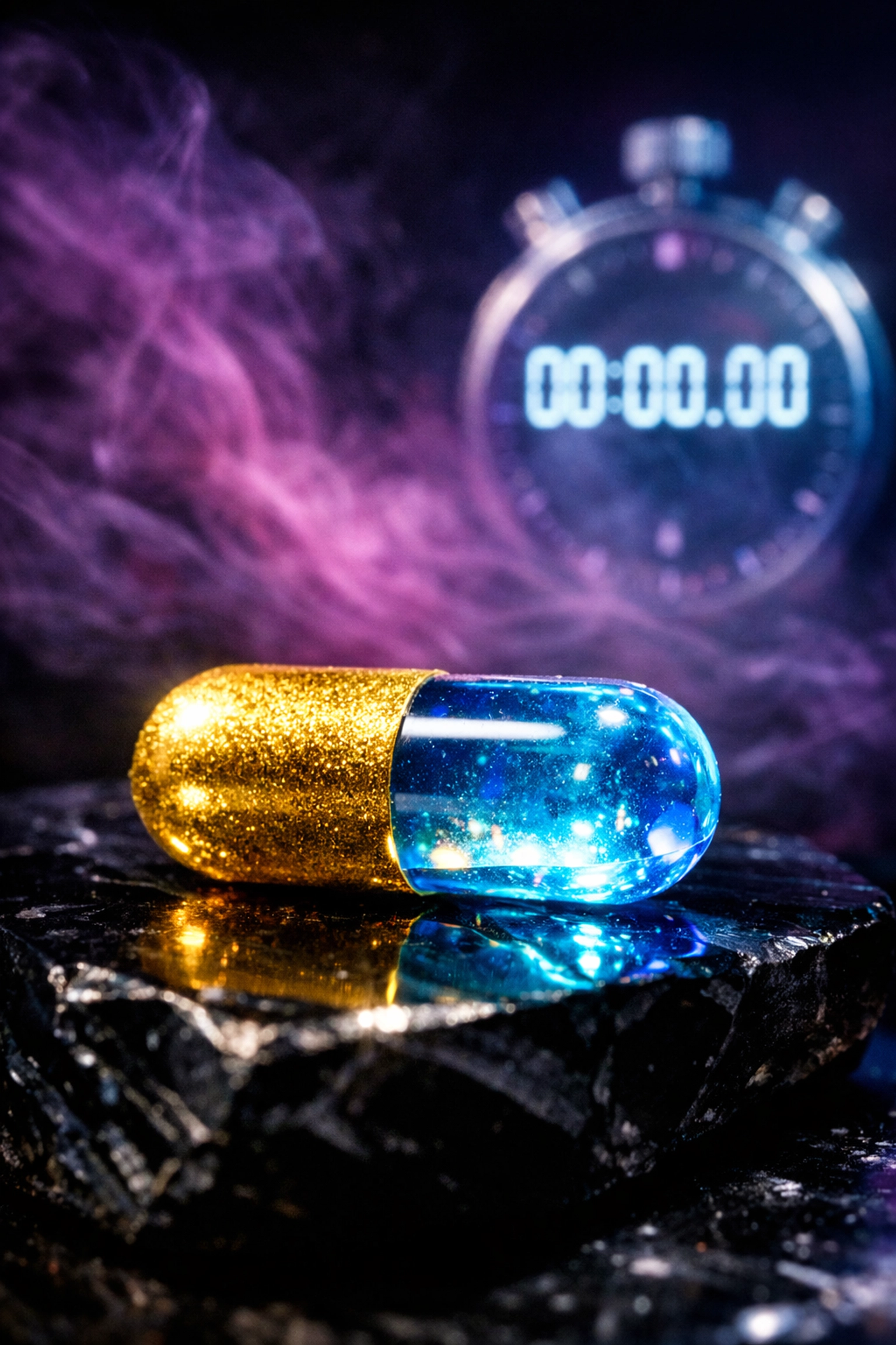 Gold wellness pill next to a stopwatch symbolizing fake instant health results.