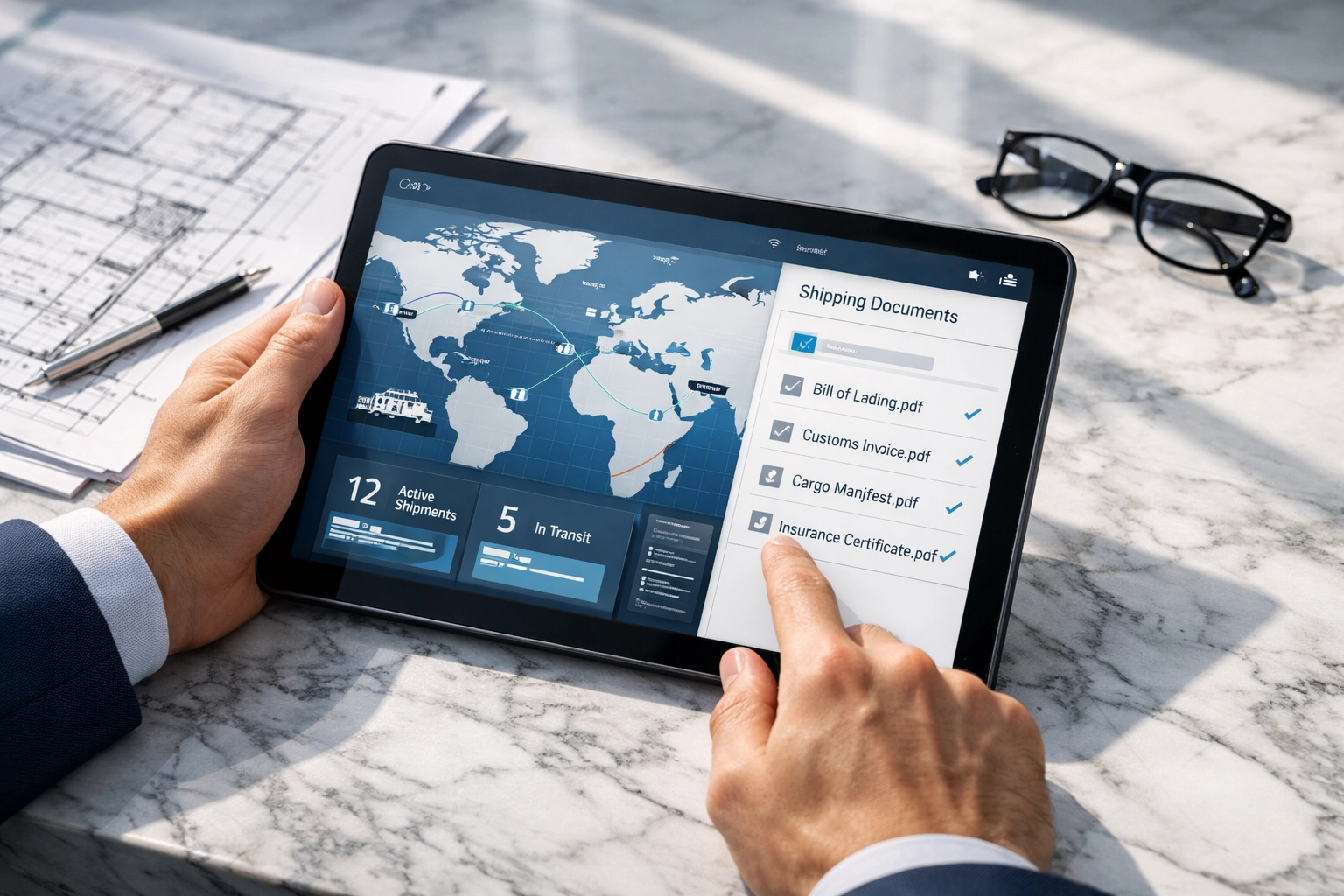 Digital tablet interface showing shipping routes and customs documentation for global freight.