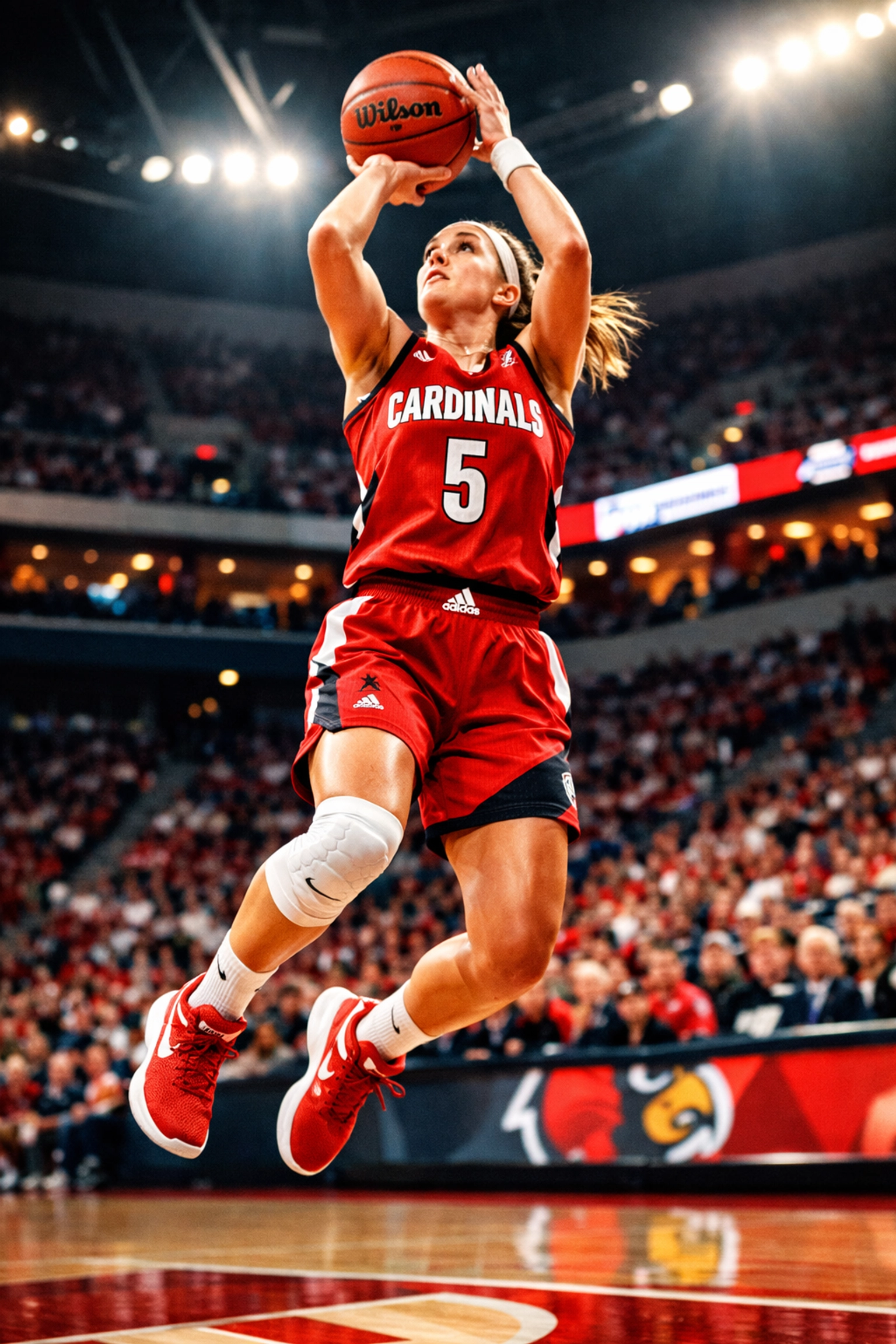 Female basketball player showcasing brand partnerships during game action in packed arena