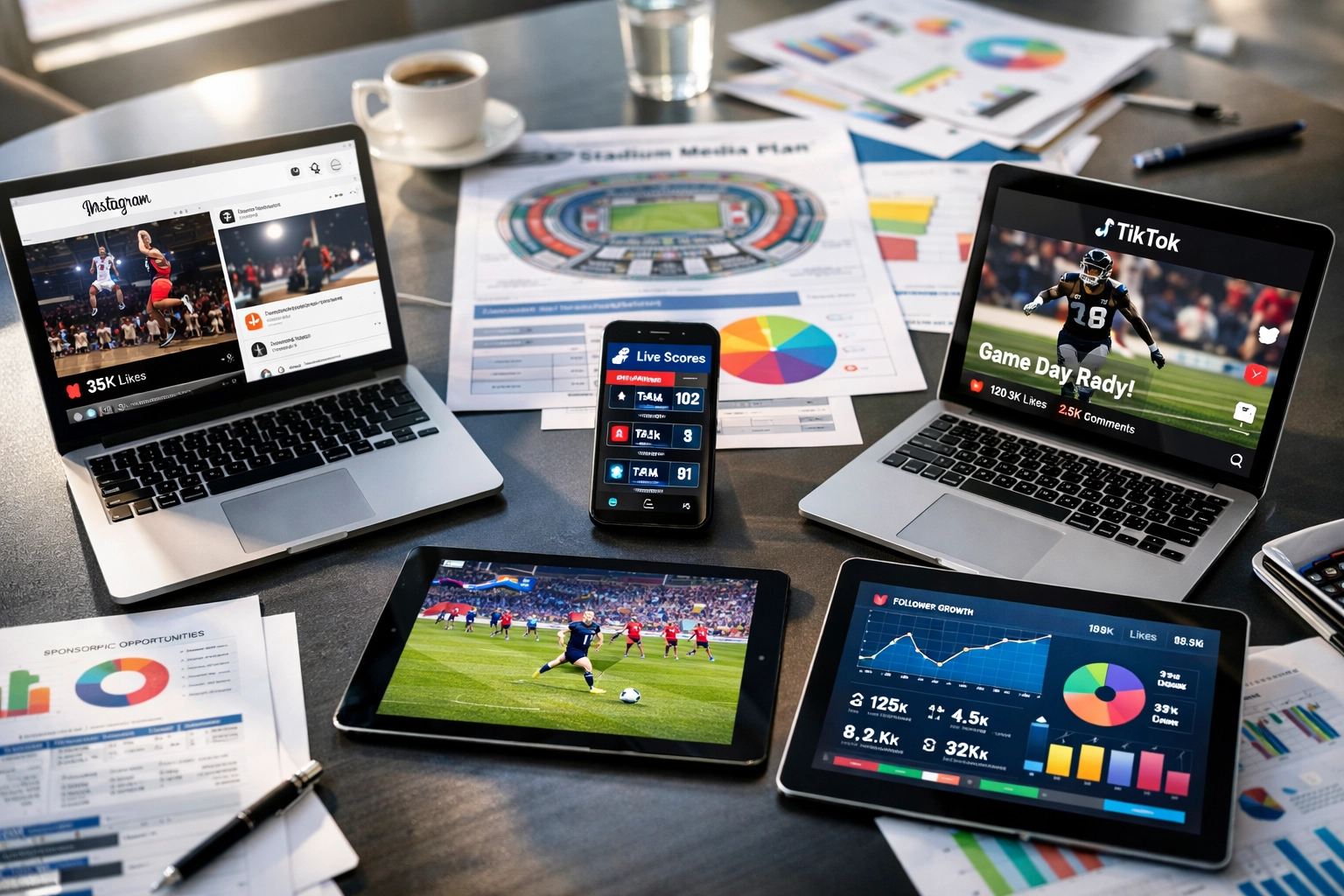 Sports marketing strategy session combining digital analytics and traditional media planning documents