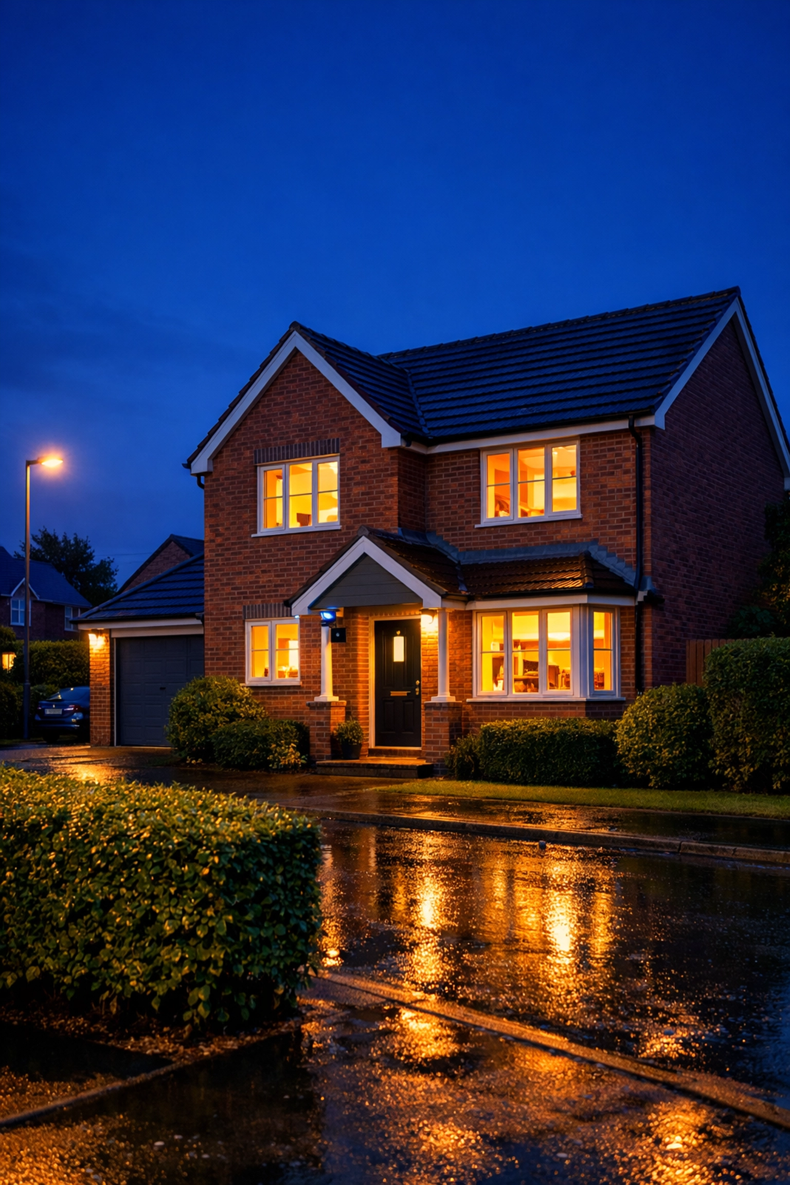 Residential CCTV installation on a Hereford home at twilight, providing peace of mind and security.