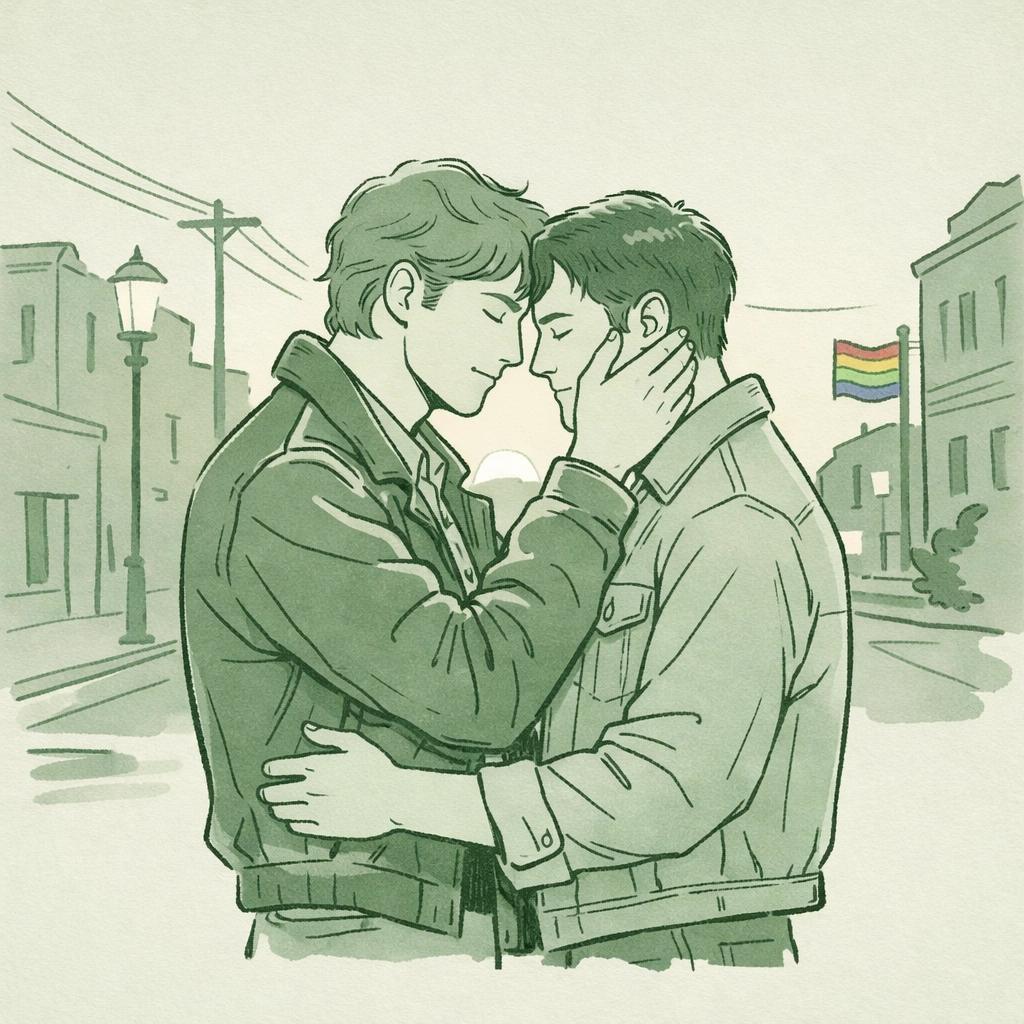 Gay couple embracing on city street in 1980s, depicting lost love and unlived authentic life