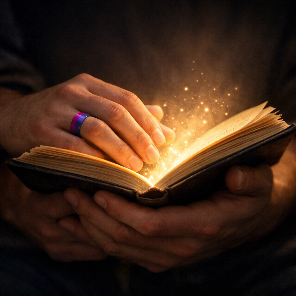 A gay couple holding a glowing book, showcasing the emotional connection found in indie MM romance books.
