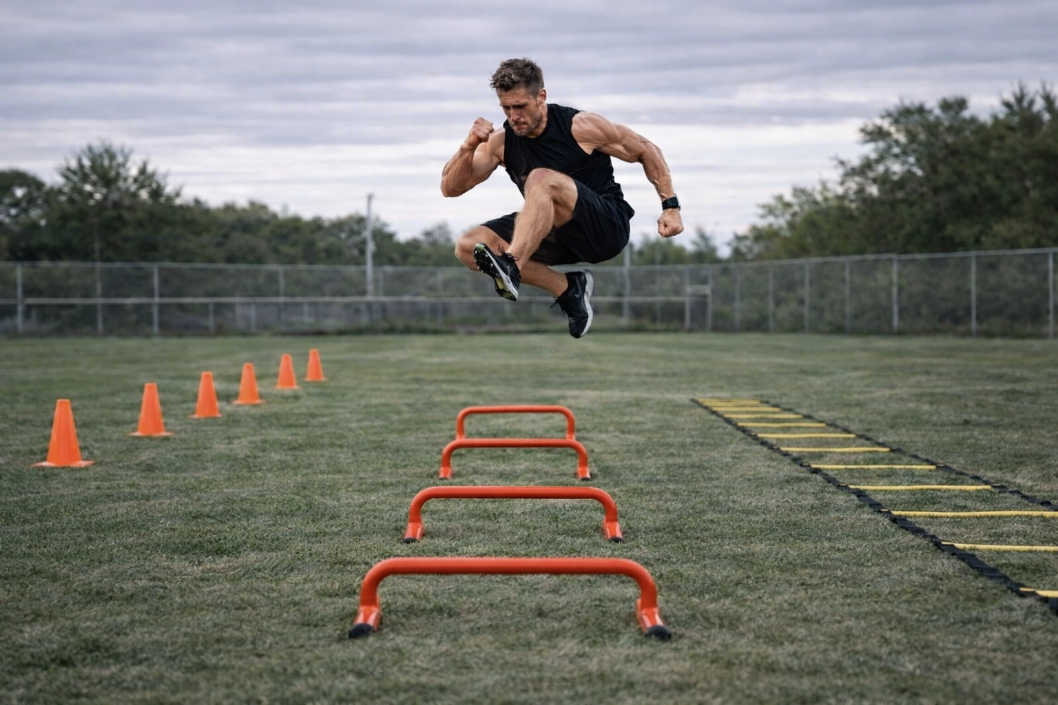 Athlete performing plyometric hurdle jumps during agility training session