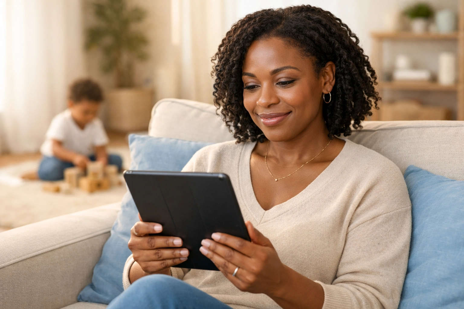 A mom entrepreneur finding clarity on her next business step while her child plays nearby in a calm home environment.