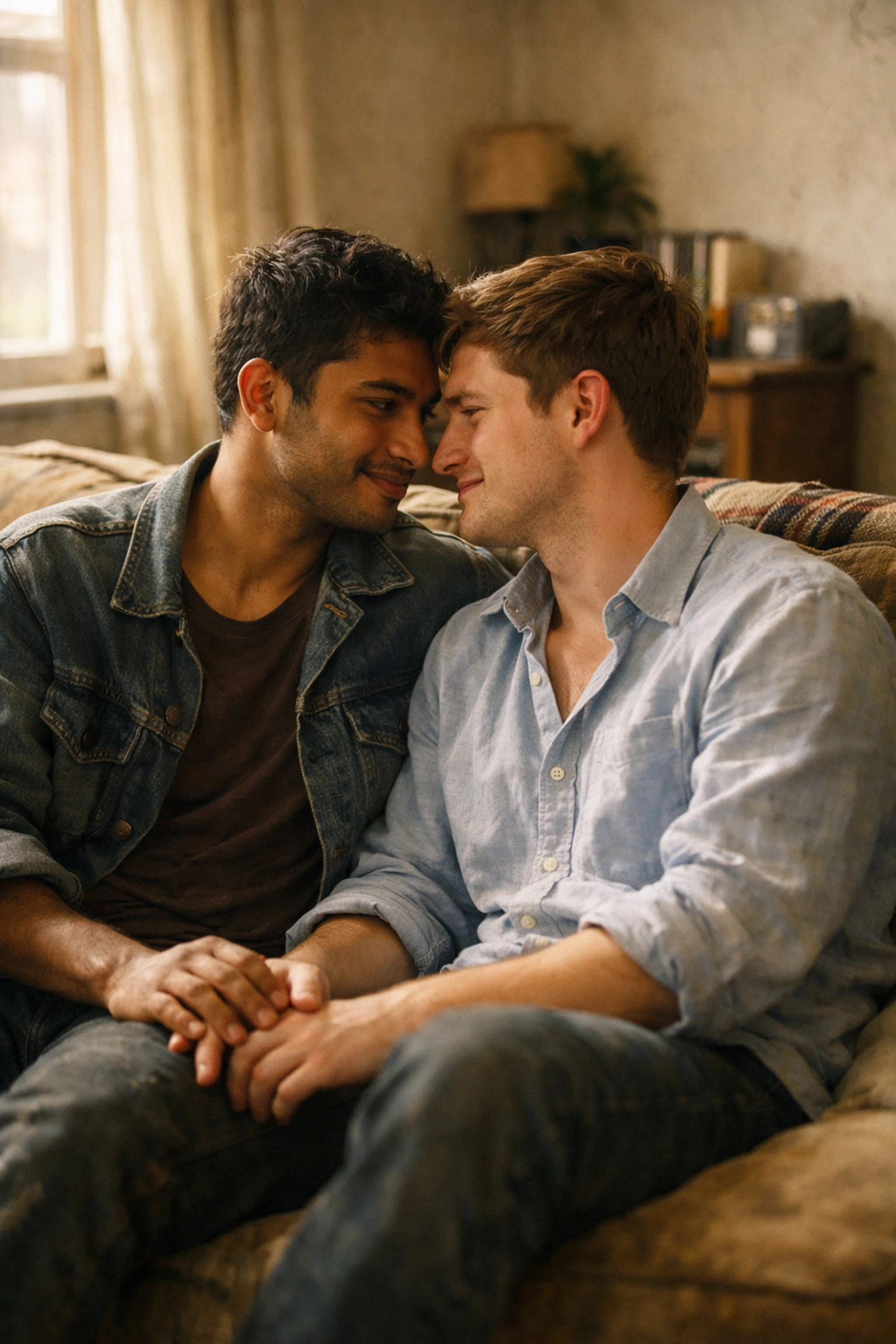 Gay couple sharing intimate moment representing authentic love in The Line of Beauty novel